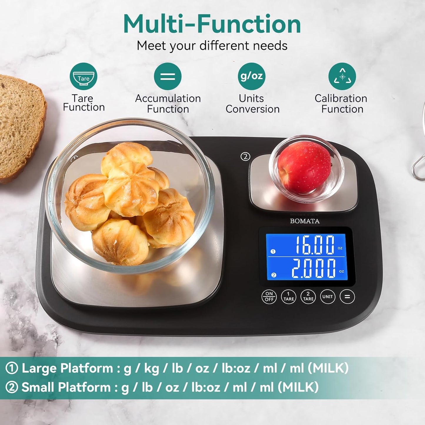 BOMATA 0.01g/500g & 1g/15kg Dual Platform Kitchen Scale with Two Precisions, Accumulation Function, Gram and Ounce, Digital Scale for Food, Baking, Yeast, Jewelry B614