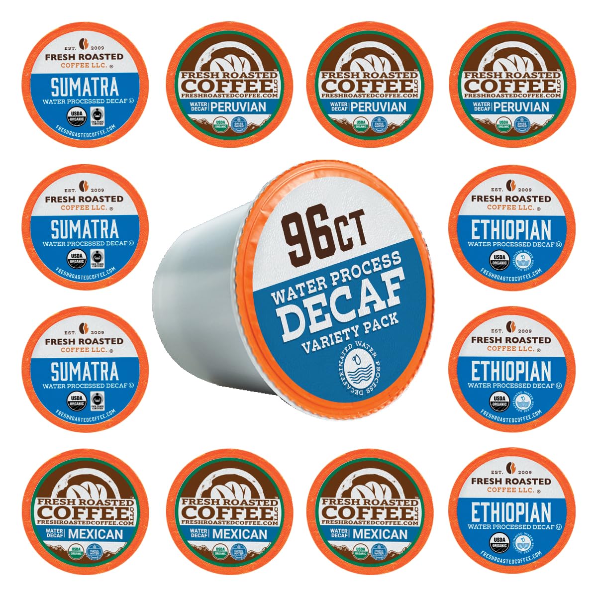 Fresh Roasted Coffee, Organic Water-Processed Decaf Variety Pack | USDA Organic, Kosher | K-Cup Compatible, 96 Pods