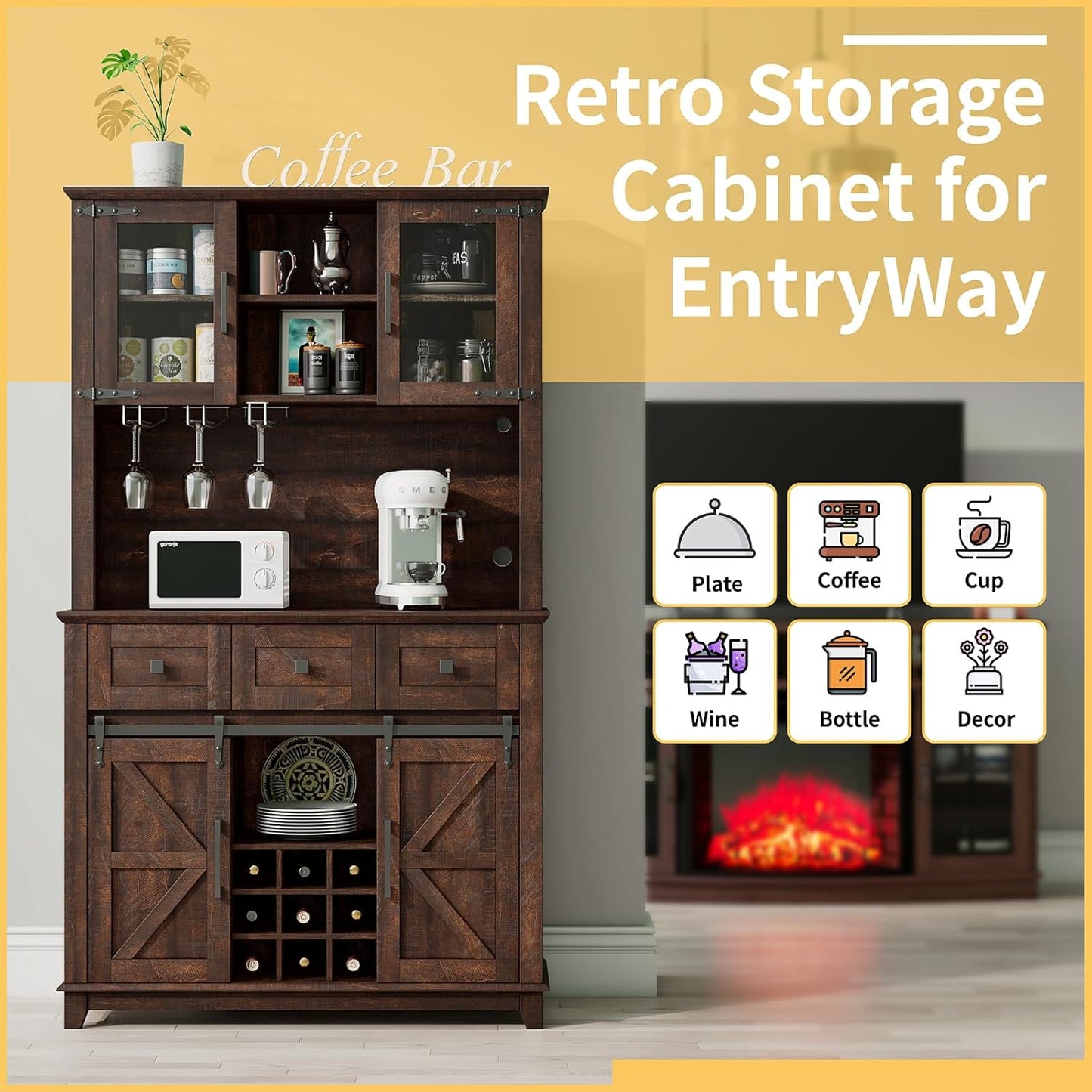 72" Coffee Bar Wine Cabinet with Sliding Barn Door & LED Lights, Sideboard Buffet Cabinet with Wine Bottle Rack, 3 Drawers, Storage Cabinets for Kitchen, Dining Room, Brown