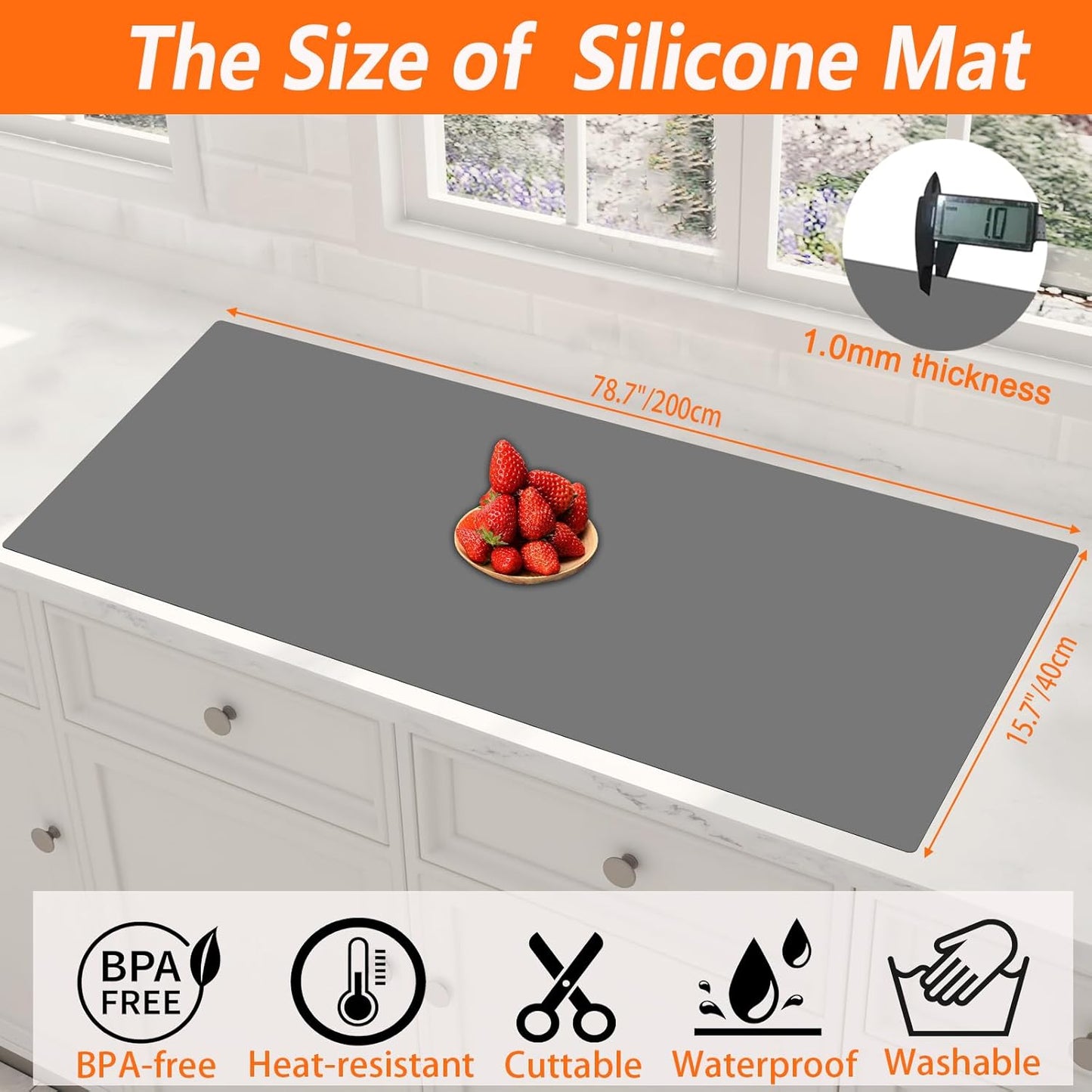 Large Silicone Placemat, 78.7''x15.7''(200cmx40cm) Extra Large Countertop Protector Mat, Heat Resistant Mat for Countertop with Non-Slip, Silicone Mats for Kitchen Counter/Crafts, Dark Gray