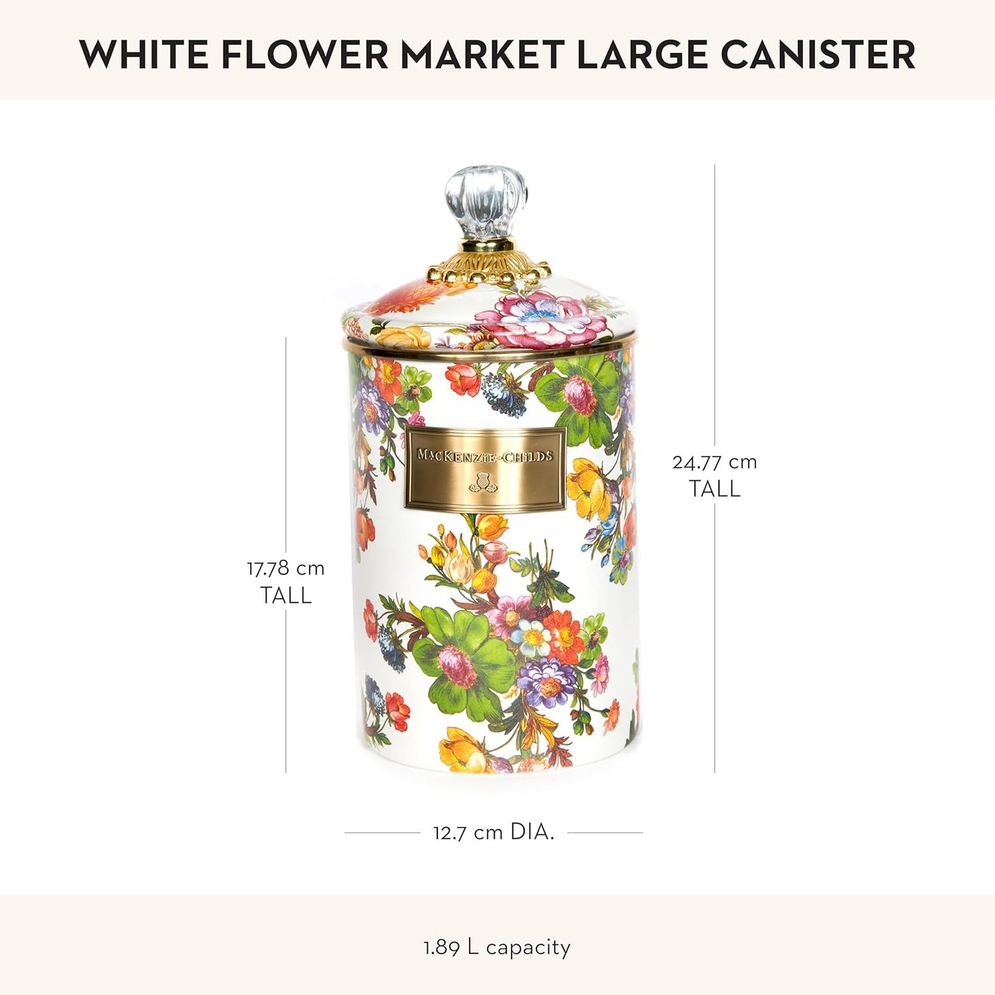 MACKENZIE-CHILDS Large Enamel Canister, Kitchen Storage Container for Flour and Sugar, 1.89 Liters, White Flower Market