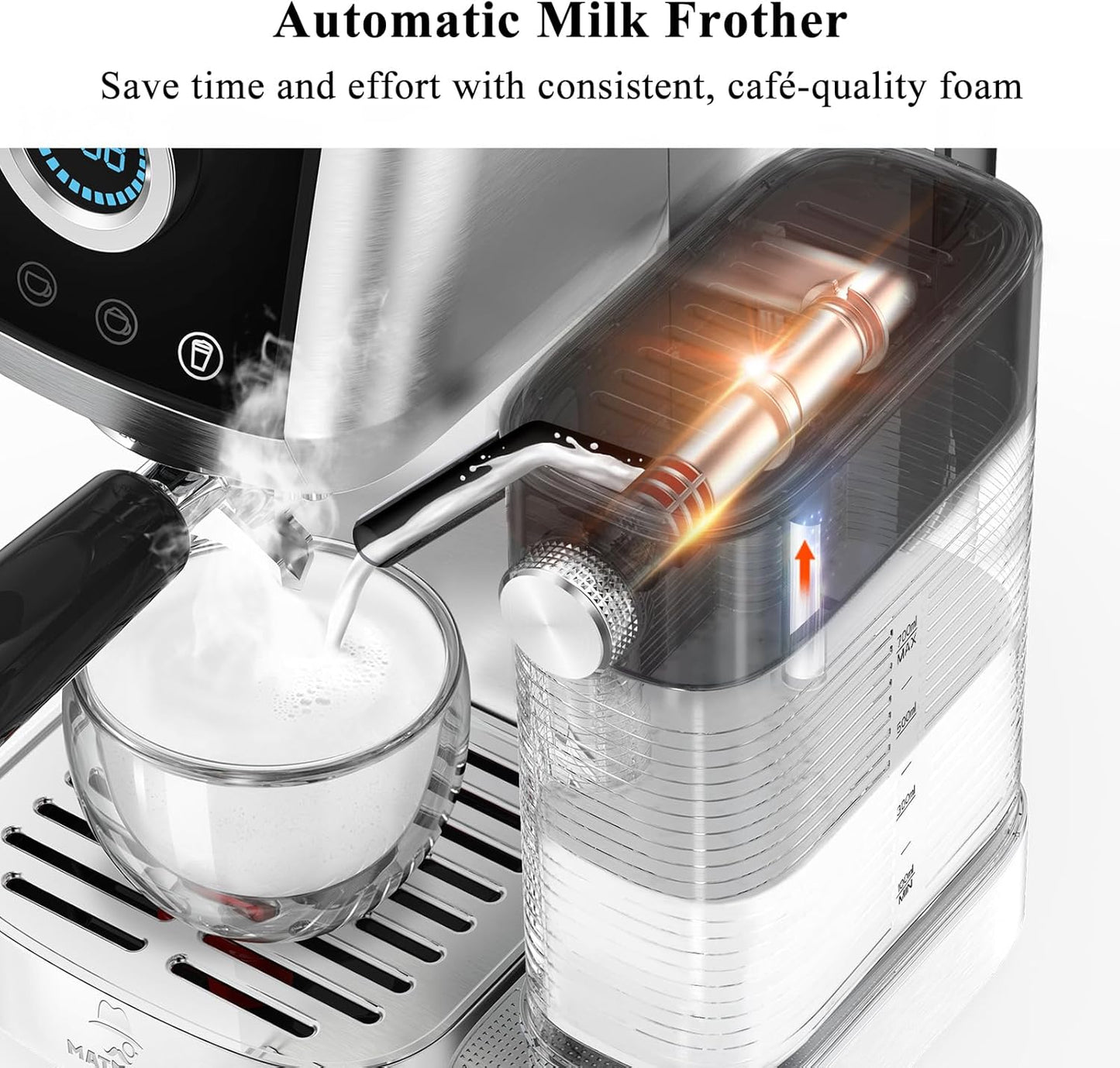 Cappuccino Coffee Machine, Espresso Machine Touchscreen Control with Auto Milk Frother, Stainless Steel Espresso Maker 20 Bar, Latte Coffee Maker with for Home, Office with Timer