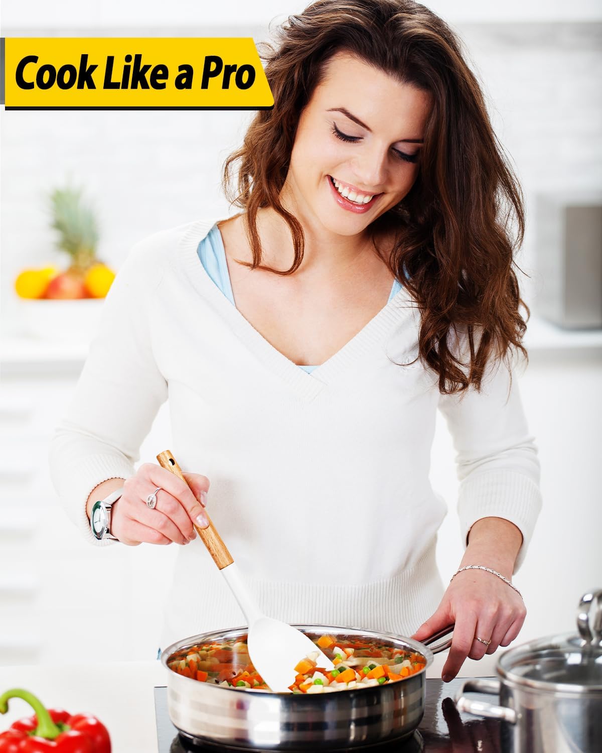 Pack of 4 Silicone Cooking Utensils Set, Non Stick Solid Spatulas and Heat Resistant Slotted Spoons with Wooden Handle, Ideal Wood Kitchen Utensils Set for Frying,Serving,Turning,Stirring (WHITE)