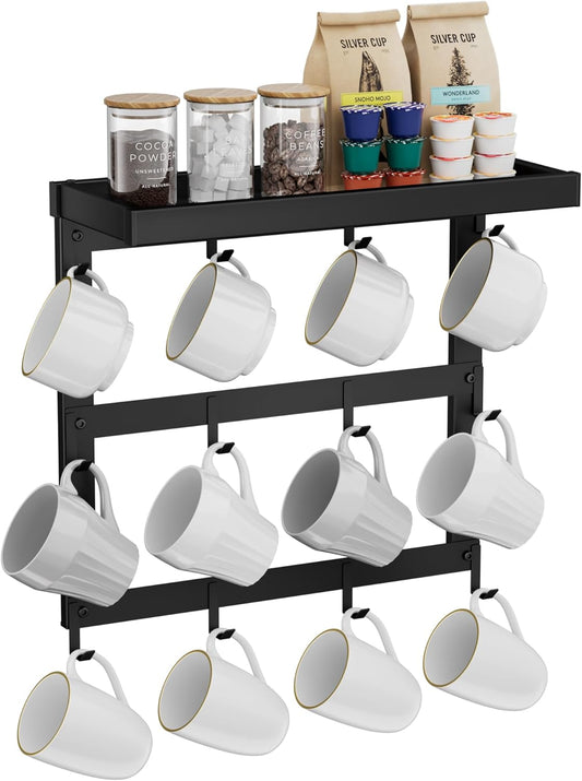 Coffee Mug Rack Wall Mounted, Rustic Metal Mug Holder Organizer with 12 Hooks and Top Shelf Cup Storage Rack for Home Kitchen Coffee Bar Station Mug Display and Collection