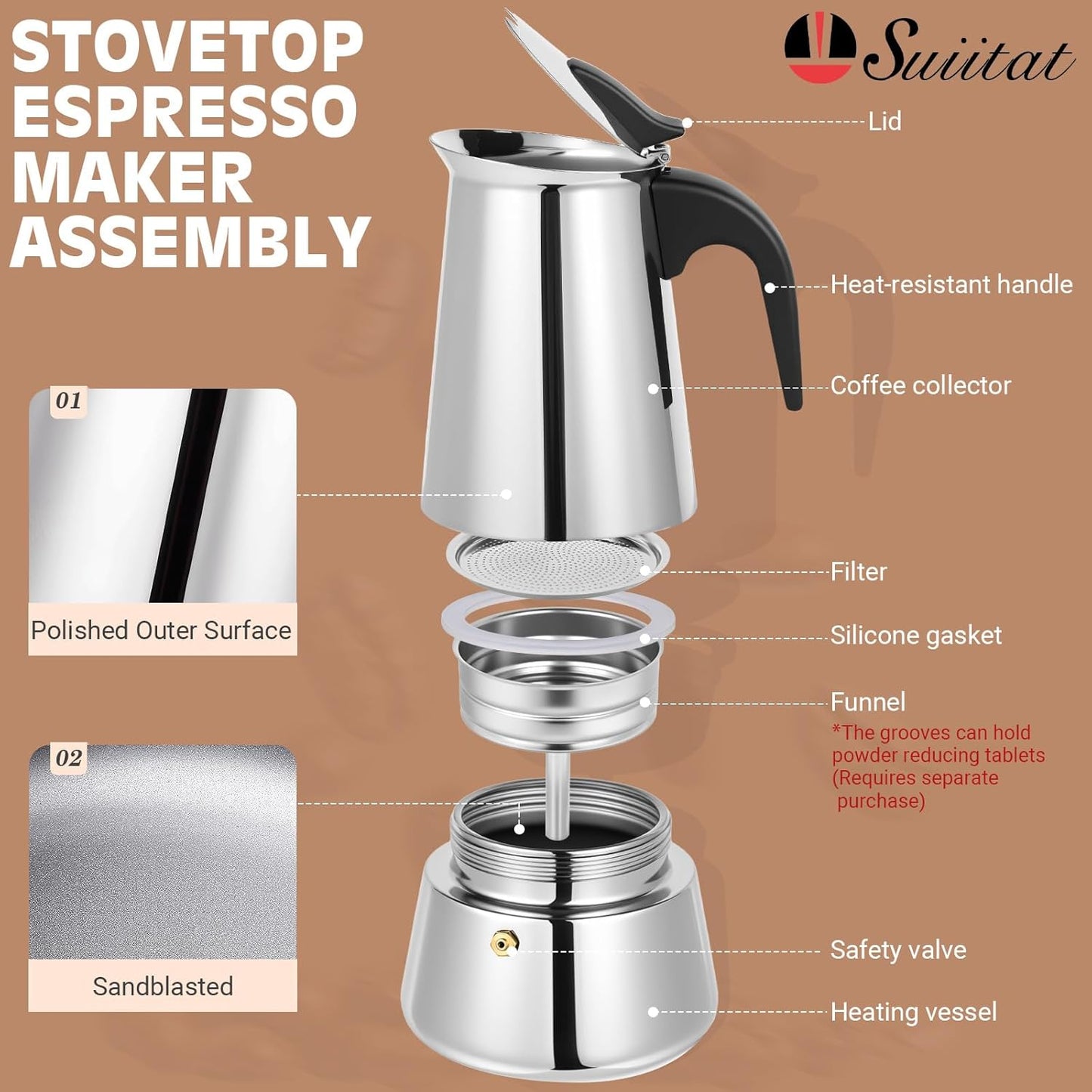 Moka Pot, 6 Cups (10.6 oz) Stovetop Espresso Maker, 304 Stainless Steel Moka Pot, Induction Compatible, Silver