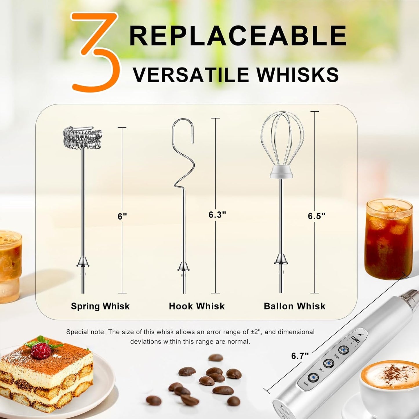 YUSWKO Rechargeable Milk Frother Handheld with 3 Heads, Silver Coffee Electric Whisk Drink Foam Mixer, Mini Hand Stirrer with 3 Speeds Adjustable for Latte, Cappuccino, Hot Chocolate, Egg