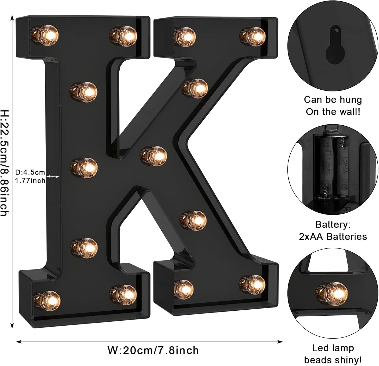 Foaky Black LED Letter Lights for Room Decor - Bedroom Wall Decor, Alphabet Lights for Home, Wedding, Party - Battery Operated （K）