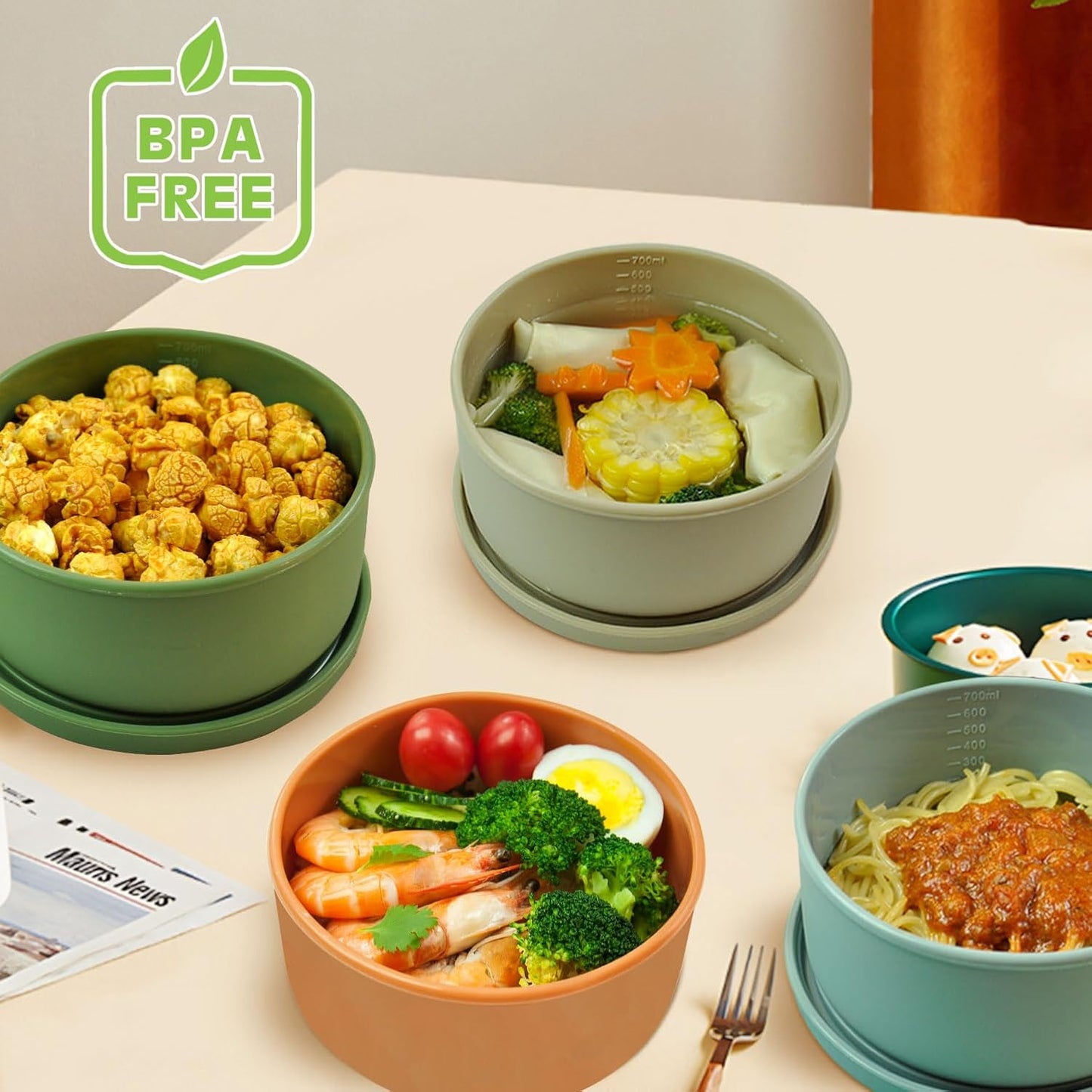XU&PEIQI 24oz Silicone Lunch Box, Round Small Salad Bowl with Lid, Airtight Food Container for Meal Prep, Leftovers, Soup & Stew Storage. Microwave, Fridge, Dishwasher Safe. BPA-Free.(Grass green)