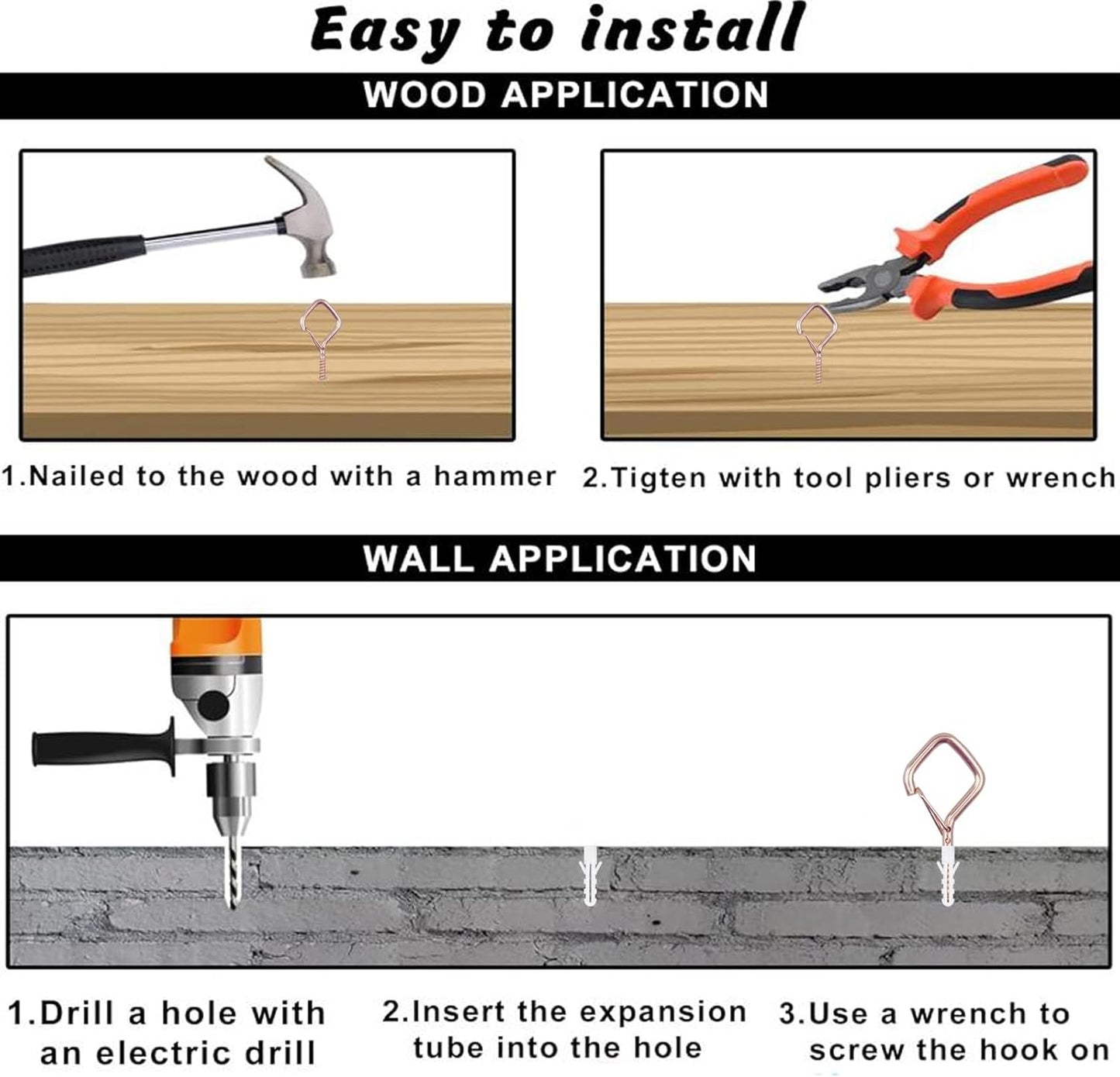 50 PCS Rose Gold Eye Screw Hooks for Hanging Heavy Duty with Safety Buckle.Metal Ceiling Hooks for Hanging Plants Cup Wind Chime Bird Feeders Patio Lights at Indoor&Outdoor