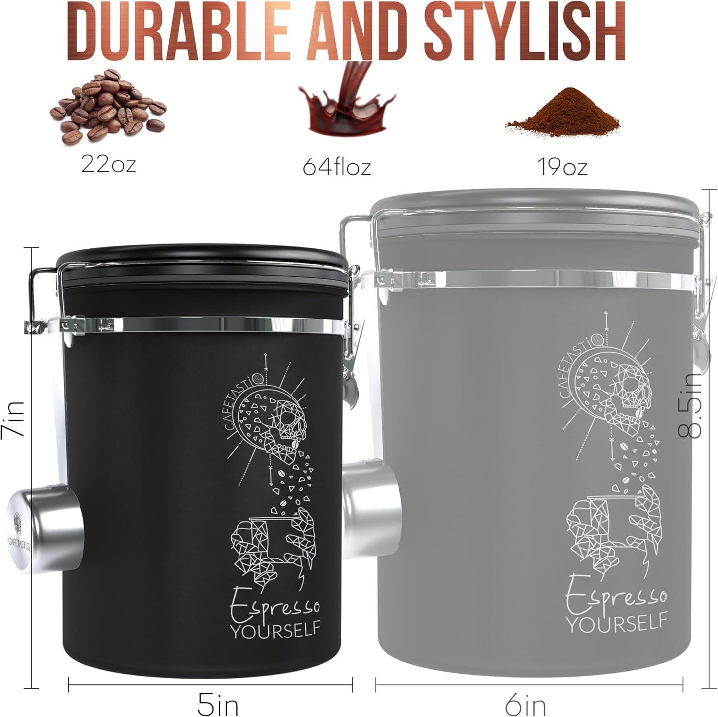 Coffee Canister – Airtight Stainless Steel Storage Container with Date Tracker & Scoop, Sealed Jar for Grounds, Beans, Tea, Flour, Cereal, and Sugar (Black Esspresso, 22OZ)