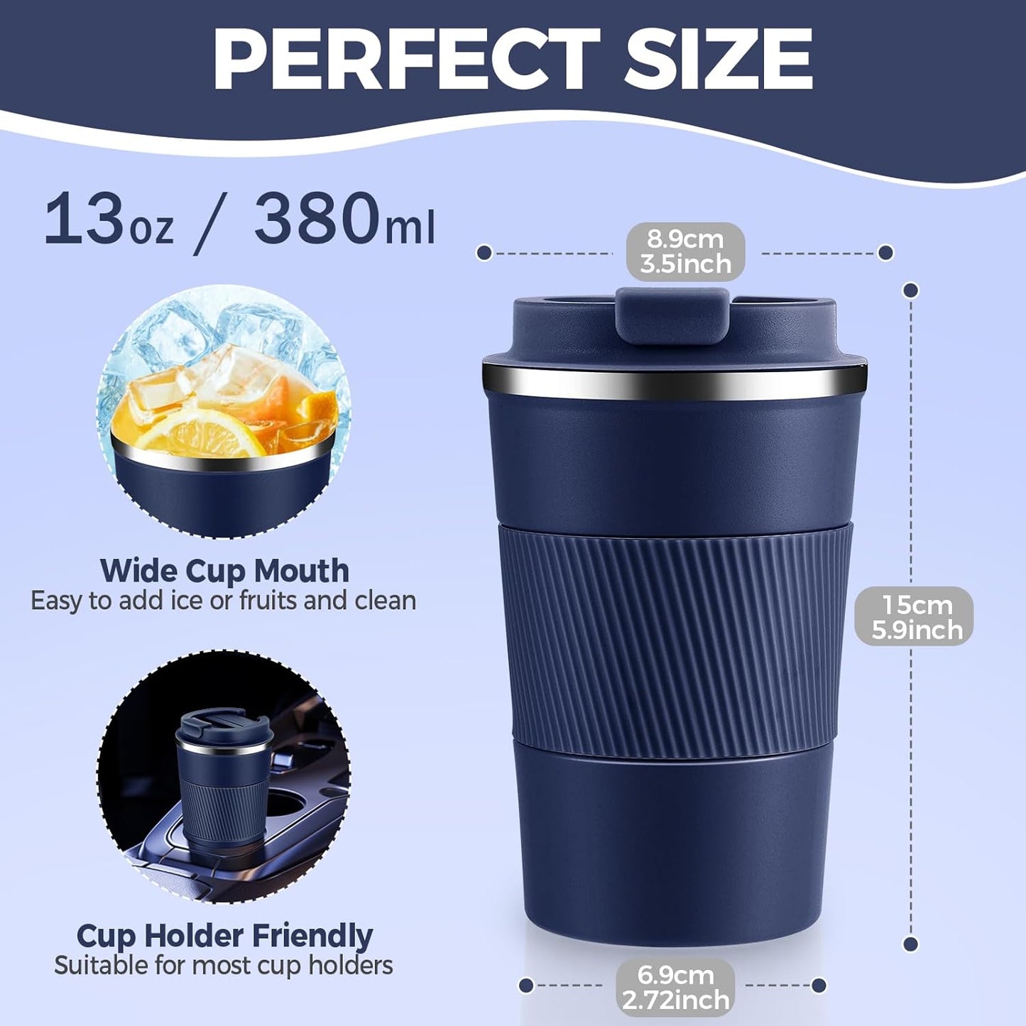 Volhoply 13 oz Stainless Steel Insulated Travel Coffee Mug with Fip Lid,Reusable Double Wall Vacuum Metal Coffee Cup,Portable to Go Leak Proof Cafe Thermal Tumbler for Hot & Cold Drinks(Navy,1)