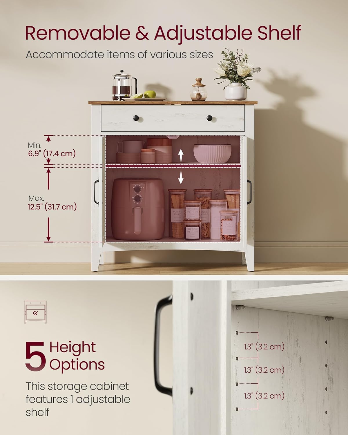 VASAGLE LIRY Collection - Buffet Cabinet, Coffee Bar Cabinet with a Drawer, Adjustable Shelf, Sideboard Storage with Cable Hole, Drawer Divider, Rustic White and Honey Brown UBBK341W01