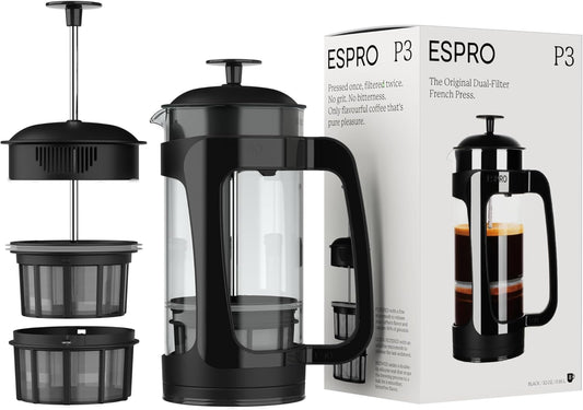 ESPRO - P3 French Press Coffee Maker – Patented Double Microfilter for Sludge and Grit Free Coffee, Black, 32 oz