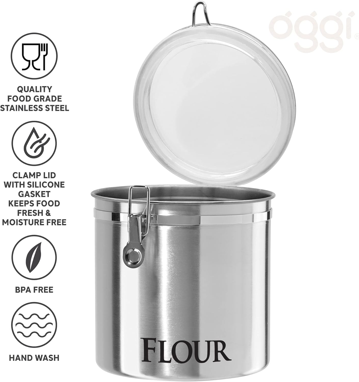 Oggi 8" Stainless Steel Flour Container & 62oz Sugar Jar Kitchen Storage Set