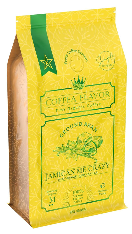 Flavored Ground Coffee – Jamaican Me Crazy (Caramel and Vanilla), 100% Arabica, Single Origin, Medium Roast, USDA Organic, Naturally Flavored – by Coffea Flavor