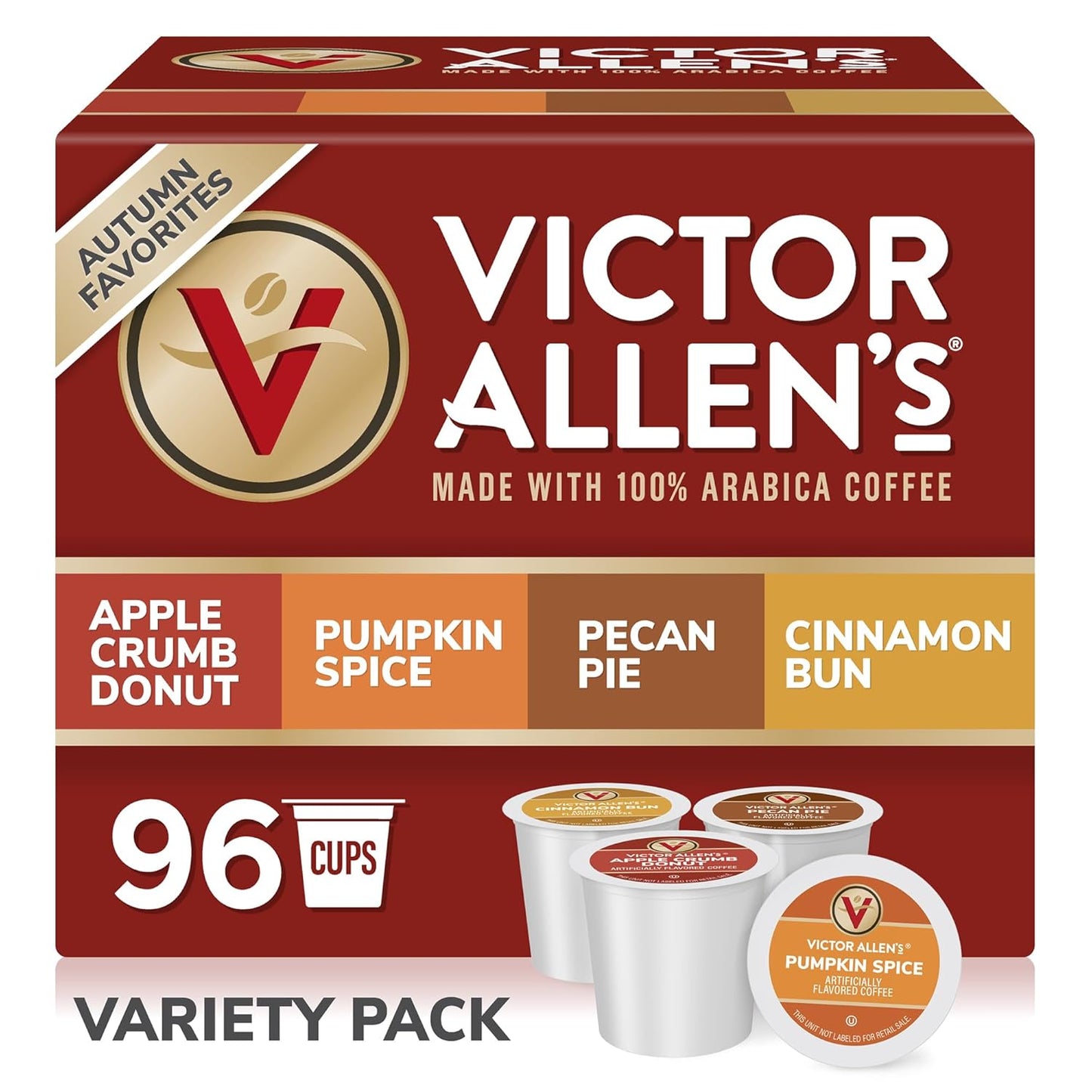 Victor Allen's Coffee Autumn Favorites Coffee Variety Pack SSC (Apple Crumb Donut, Pumpkin Spice, Pecan Pie, Cinnamon Bun), 96 Count, Single Serve Coffee Pods for Keurig K-Cup Brewers