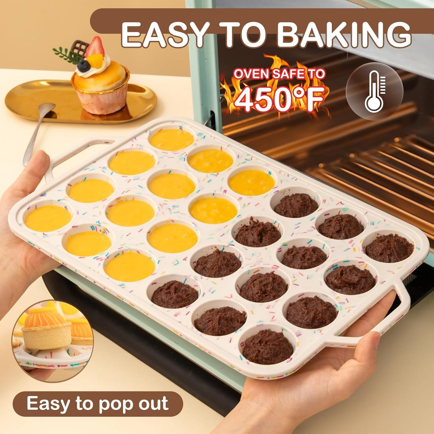 Silicone Mini Muffin Pan, 24 Cups Muffin Tin Baking Mold With Reinforced Stainless Steel Frame Inside, Nonstick Bakeware Cupcake Pan BPA Free, 2PCS