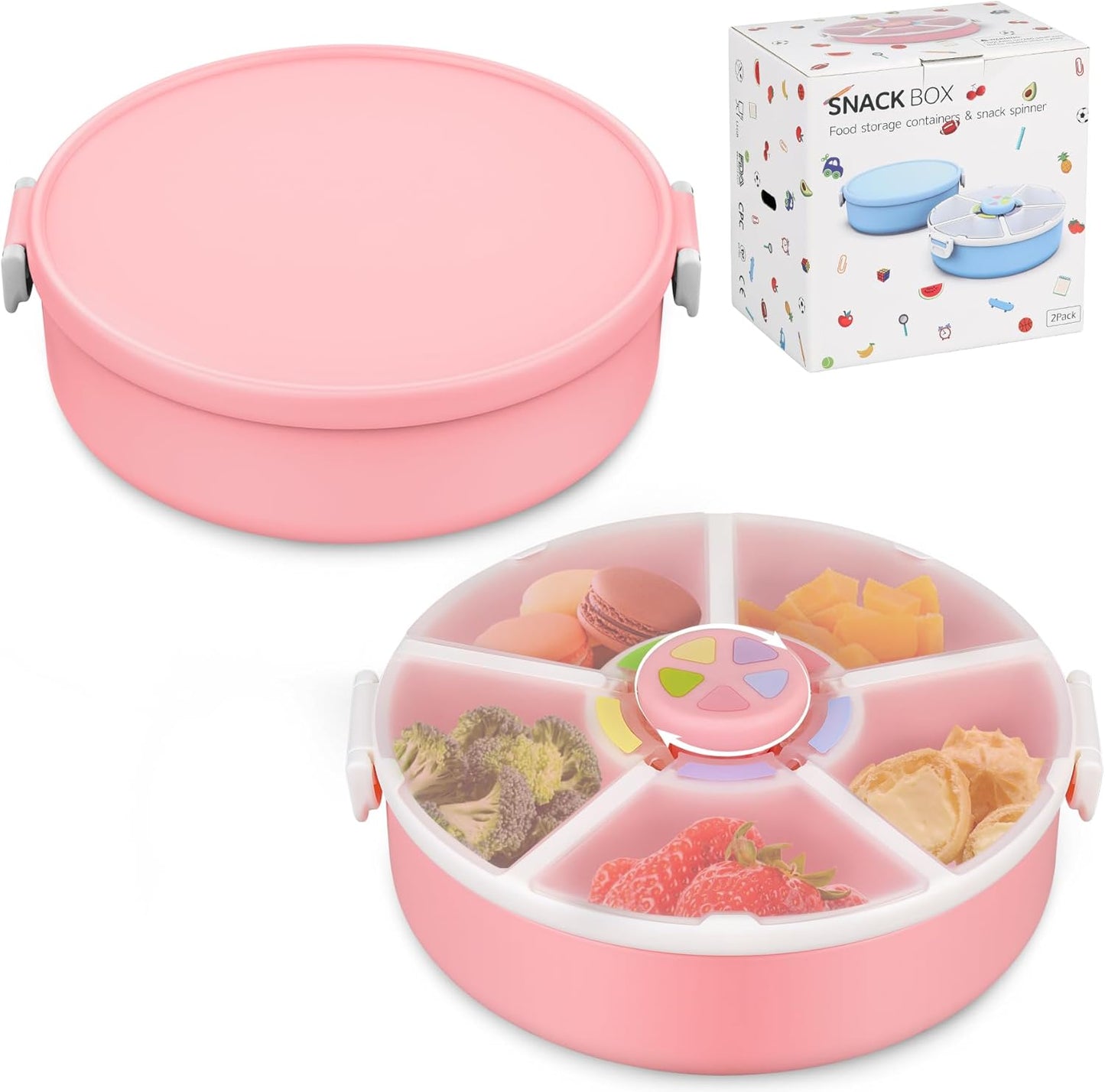 Kids' Rotating Snack Container Set – 2-Pack, Includes 1 Rotating Snack Container & 1 Round Sectioned Snack Box, BPA-Free, Dishwasher Safe, Perfect for Travel-Pink