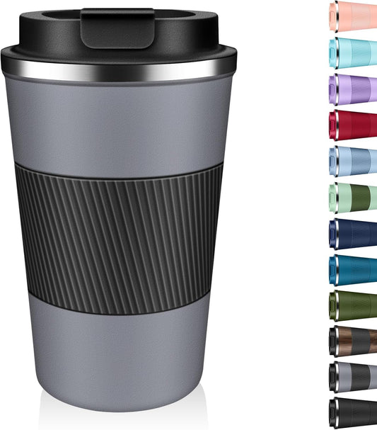 Insulated Coffee Tumbler 12 oz, Stainless Steel Coffee Mug with Lids, Travel Coffee Mug Leak Proof, Double Wall Vacuum Insulated Reusable Coffee Cup, Keep Drinks Hot and Cold (Gray, 12 Ounces)