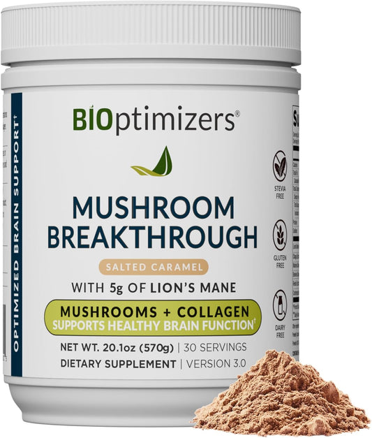 BIOptimizers Mushroom Coffee Alternative – Salted Caramel Drink – Lion’s Mane, Chaga, Reishi + Collagen Peptides for Focus, Energy & Gut Health – Adaptogenic Mushrooms & MCT Powder – 30 Servings