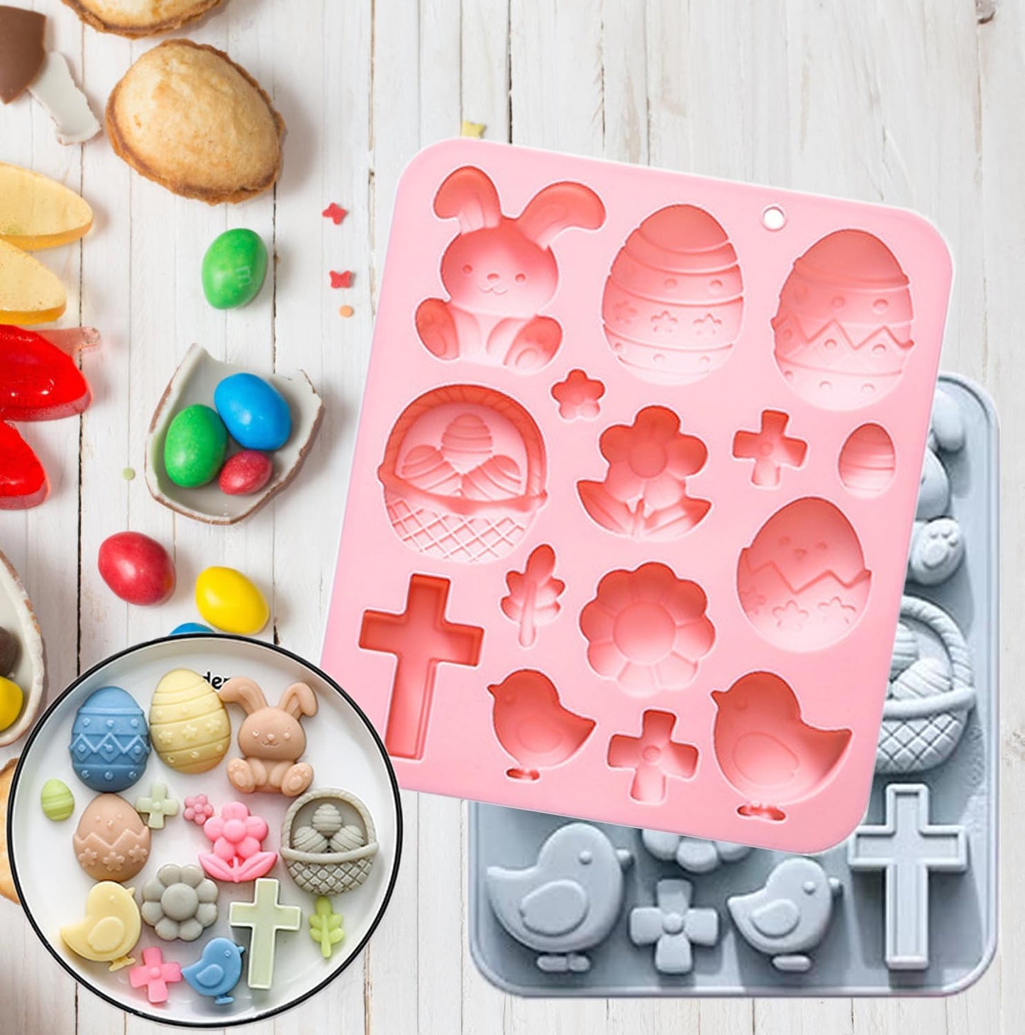 Easter Bunny Egg Chocolate Mold Set - 15-Cavity Silicone Baking Molds with Rabbit & Egg Designs, Food-Grade for Easter Cakes, Spring Party Treats & DIY Crafts - 2 Pack
