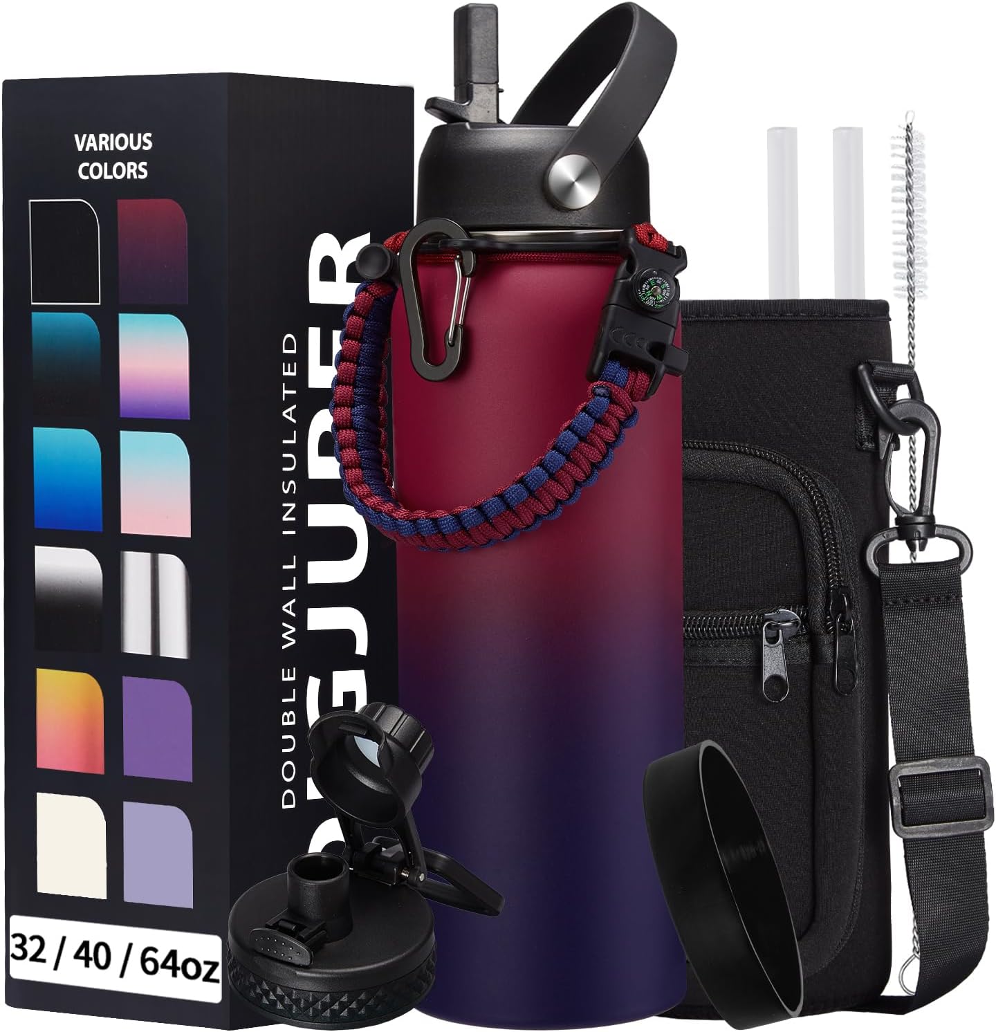 40OZ Stainless-steel Water-Bottle with Straw - Pop-up Spout & Straw Lids, Survival Paracord Handle, Storage Sleeve & Cup Mat, Leak Proof Reusable Insulated Men Women Water Jug for Gym Workout