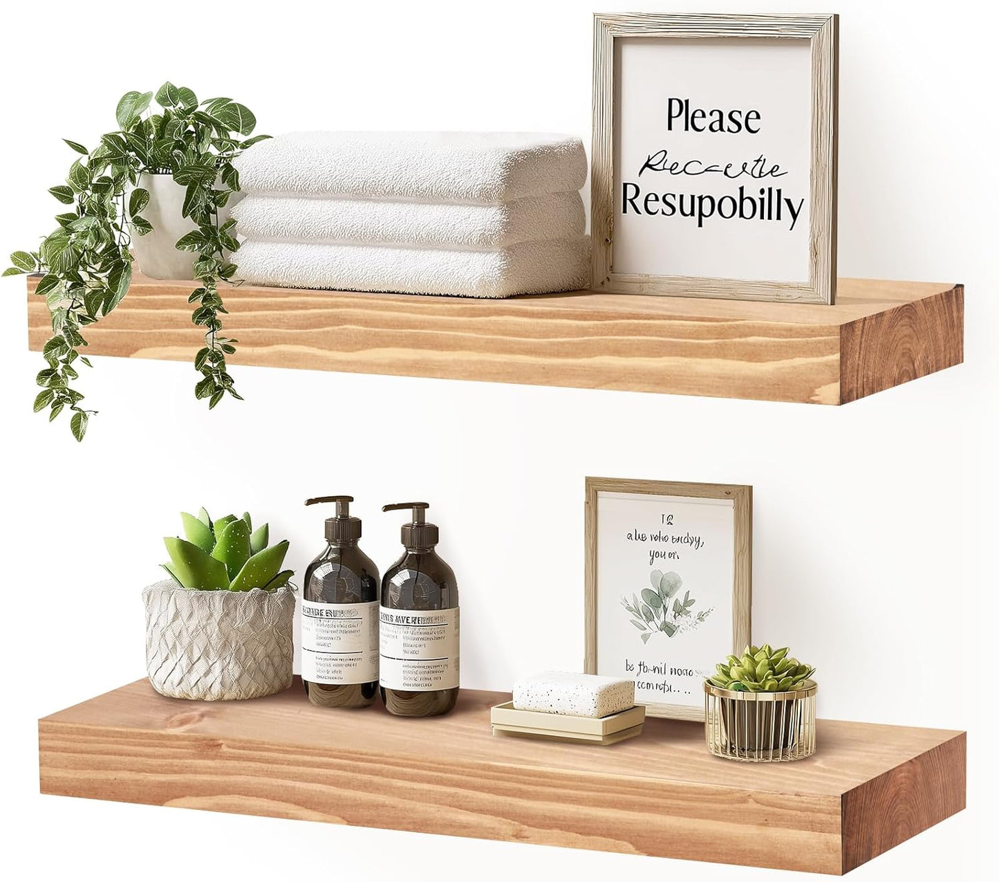 17x8x1.6 inch Floating Shelves Set of 2 – Solid Wood Rustic Oak Wall Mounted Shelf for Kitchen, Bathroom, Living Room