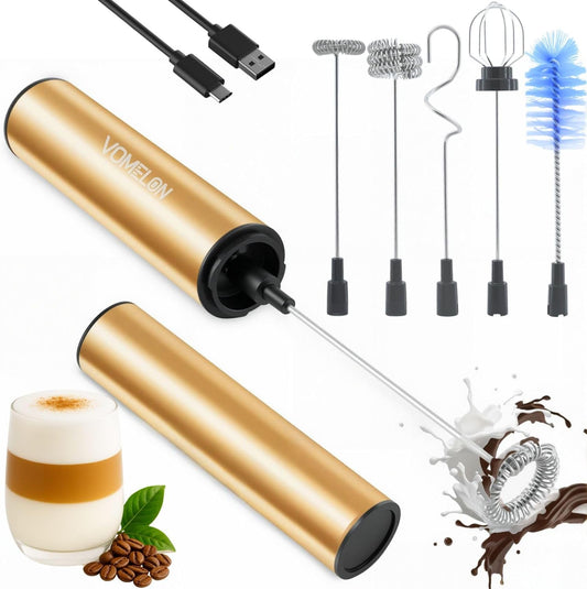 Rechargeable Milk Frother Handheld Electric Frother Wand Milk Foamer Drink Mixer for Coffee, Lattes, Cappuccino, and Egg, Stainless Steel for Travel-Golden