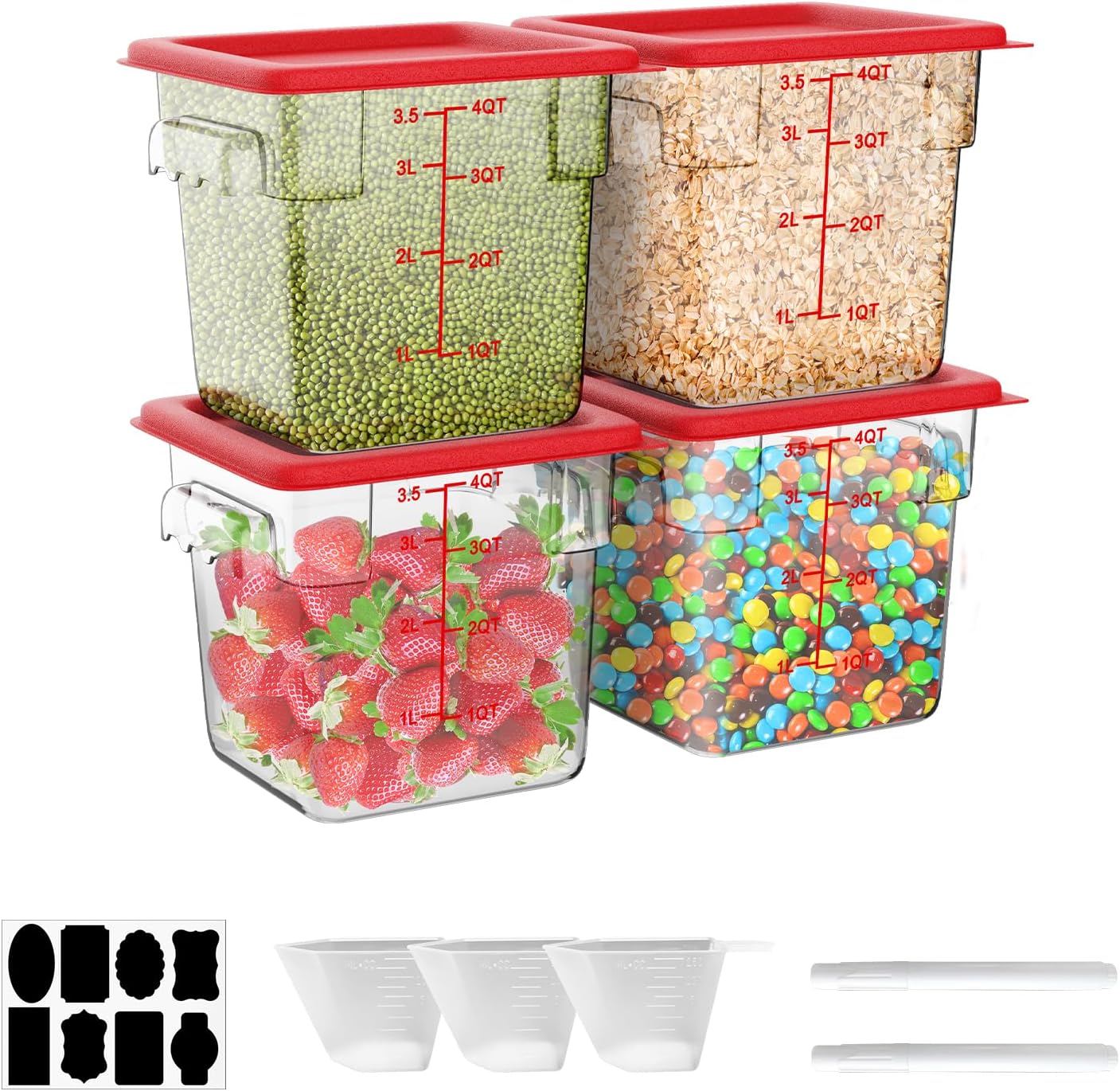 4QT NSF Food Storage Containers with Lids: 4 PCS [Total Food Grade][Hot&Cold Resistant] Commercial Clear Food Storage Containers for Restaurant Kitchen Proof Dough, Measuring Spoons Included(Red)