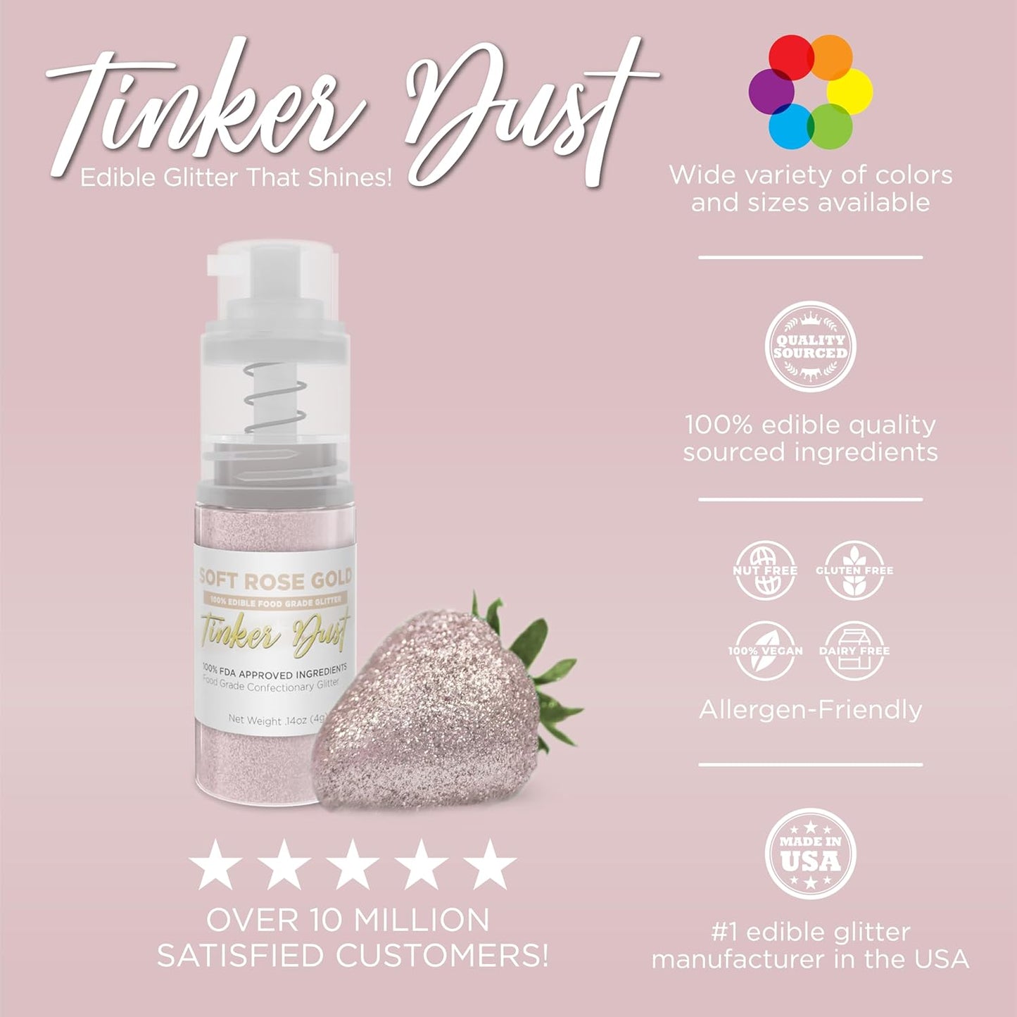 Bakell - Soft Rose Gold Tinker Dust (4g, 1x Mini Spray Pump) Edible Glitter for Food, Desserts, and Beverages!