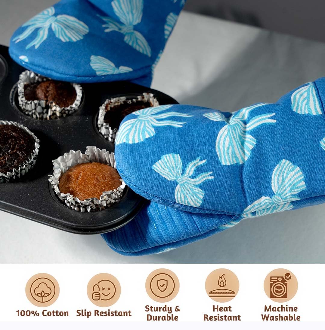 Folkulture Mini Oven Mitts Heat Resistant | (5.75 x 9) Set of 2 Short Blue Oven Mitts with Hanging Loop | 100% Cotton Oven Gloves or Bow Kitchen Mittens | Small Silicone Oven Mits or Baking Accesories