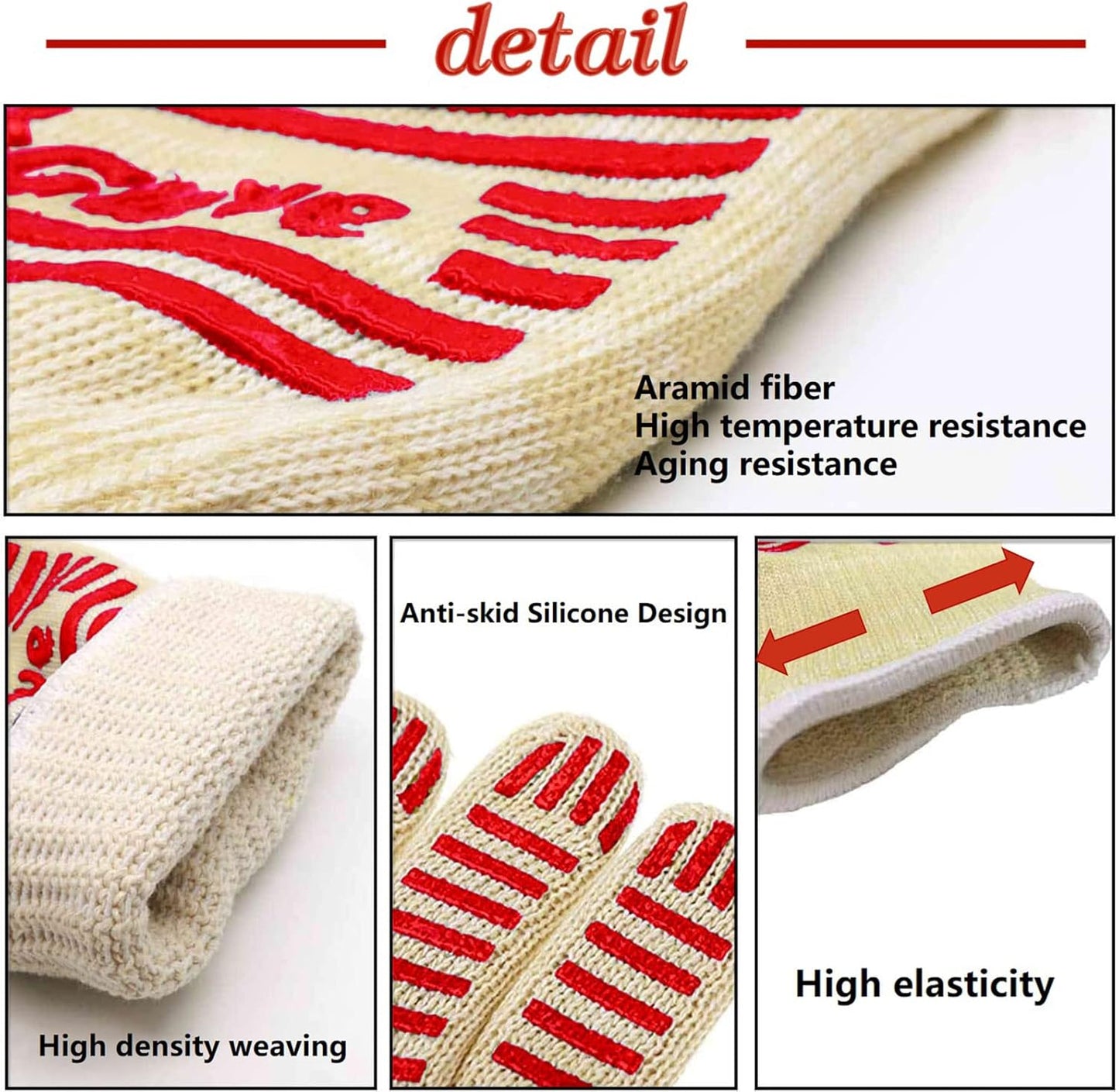 Oven Gloves, Heat Resistant 540 Degrees Grilling Gloves, Hot Surface Handler Non-Slip Silicone Oven Mitts with Fingers, BBQ Gloves for Cooking/Kitchen/Baking, Pack of 2