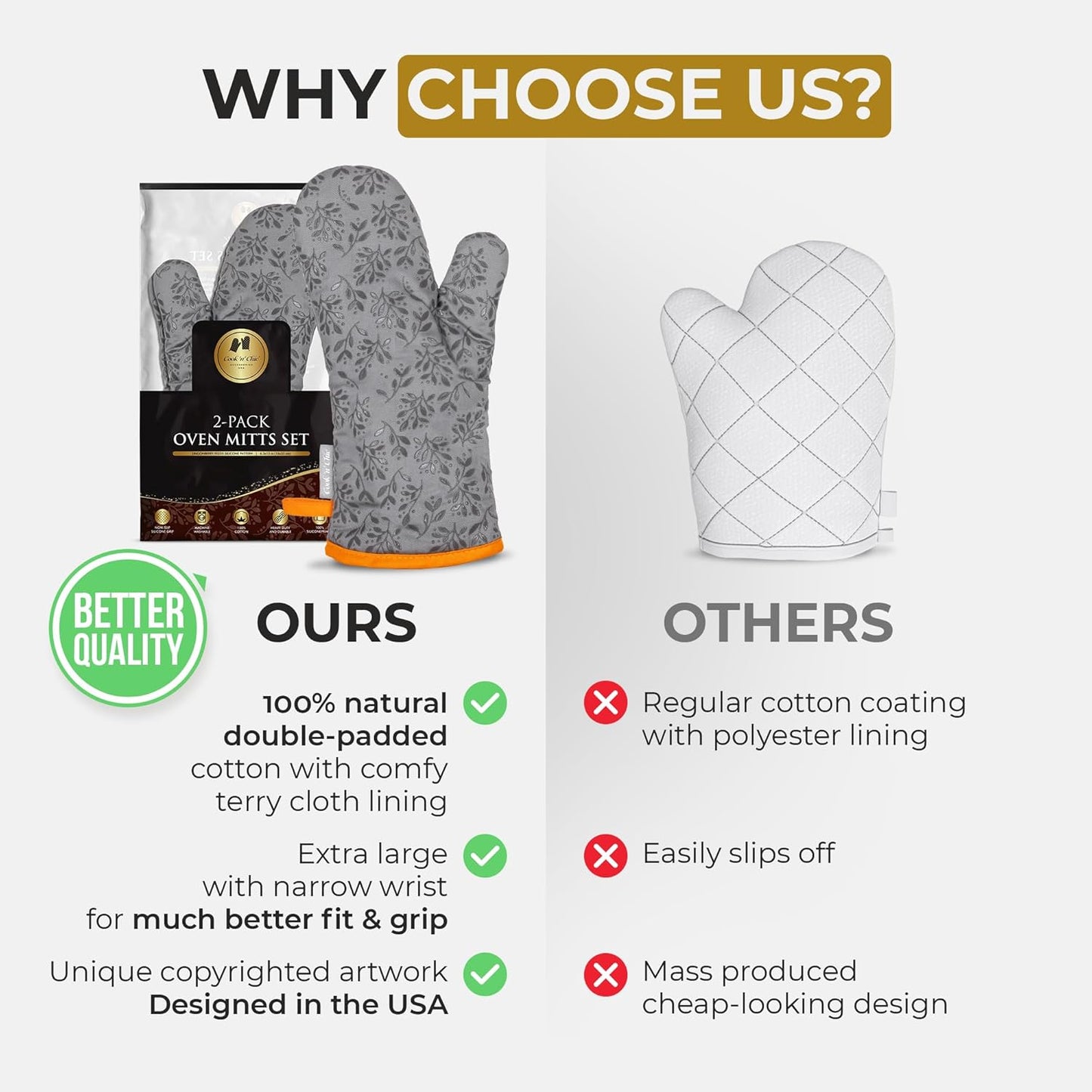 Premium Heat-Resistant Oven Mitts - Stylish and Beautiful - Non-Slip Platinum Silicone Grip - Long and Thick - 100% Natural Cotton Exterior and Soft Terry Cloth Lining - Set of 2 by Cook'n'Chic