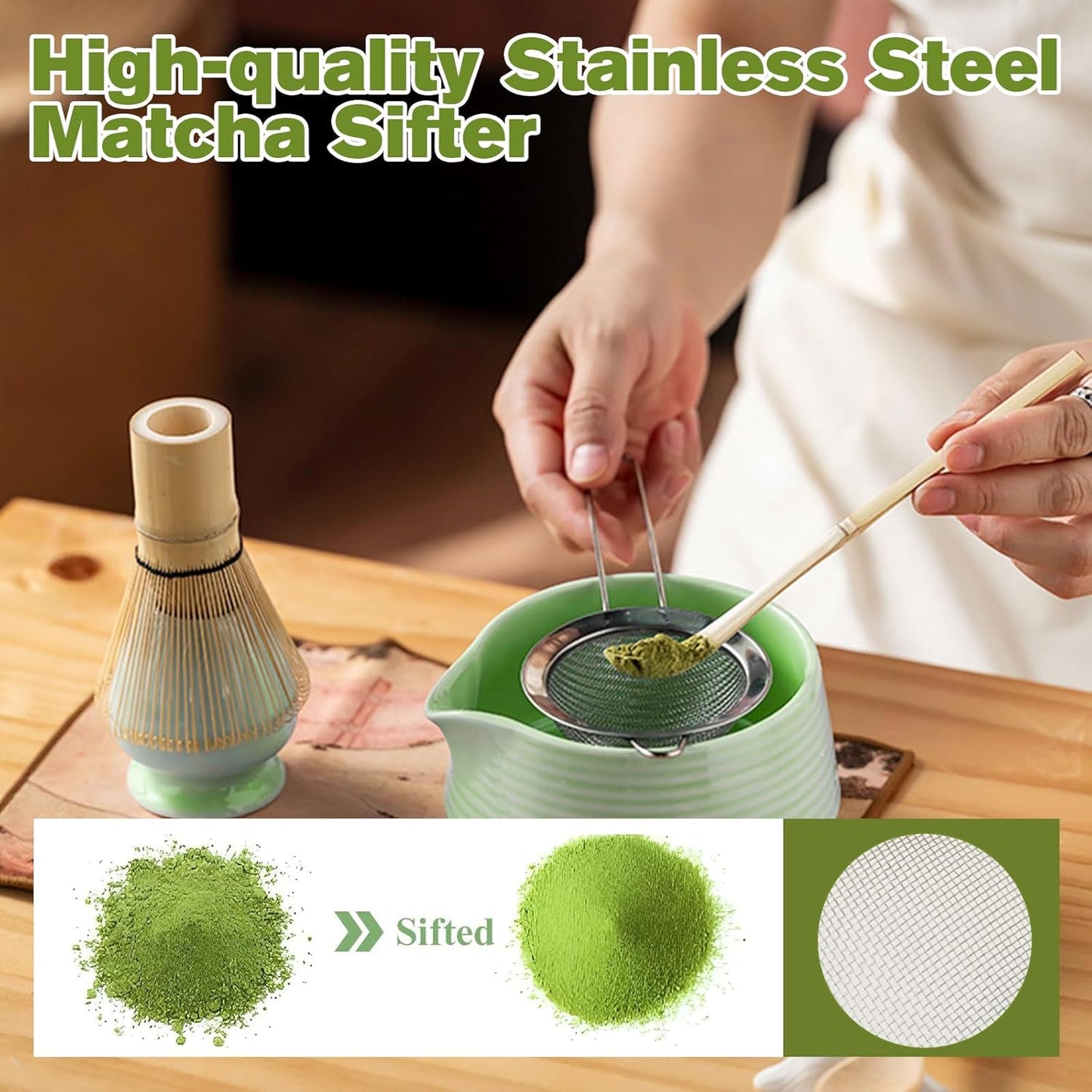 Matcha whisk Set, 8 PCS Ceramic Matcha Kit, Matcha Tea Set with Whisk, Ceramic Bowl, Sifter, Scoop, Holder, Stand, and Tea Towel, Gift for Matcha Lover