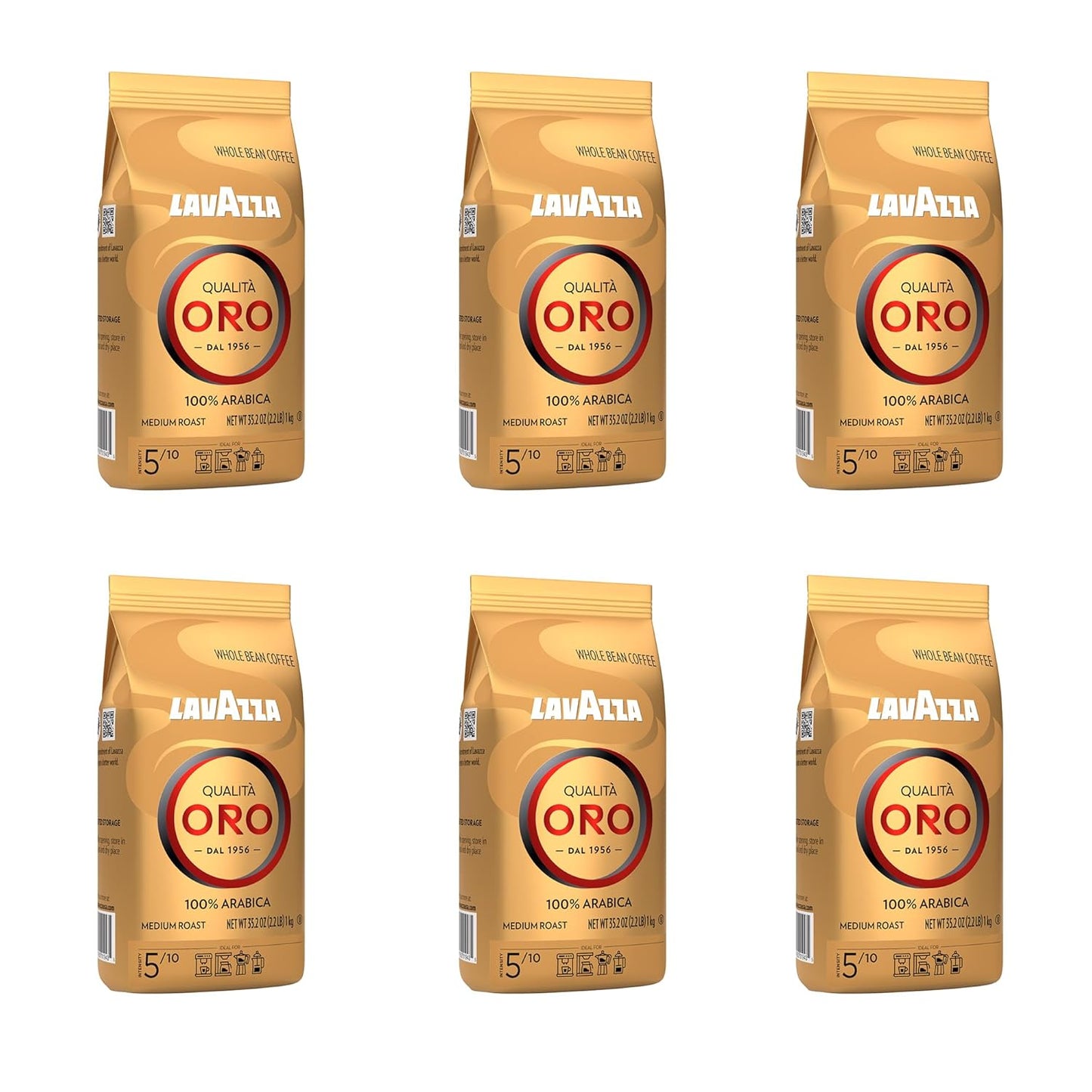 Lavazza Qualità Oro Whole Bean Coffee, Medium Roast, 100% Arabica, 2.2 lb Bag (Pack of 6)
