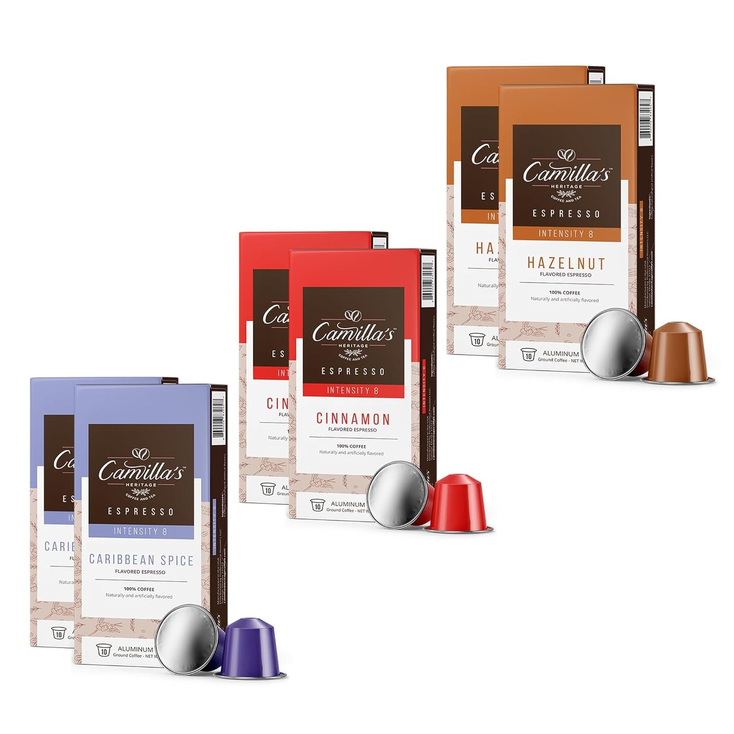 Camilla’s Heritage - Intensity 8 Flavored Espresso Coffee Spiced Variety Pack (Caribbean Spice, Cinnamon & Hazelnut Espresso Cups) 60 Coffee Pods