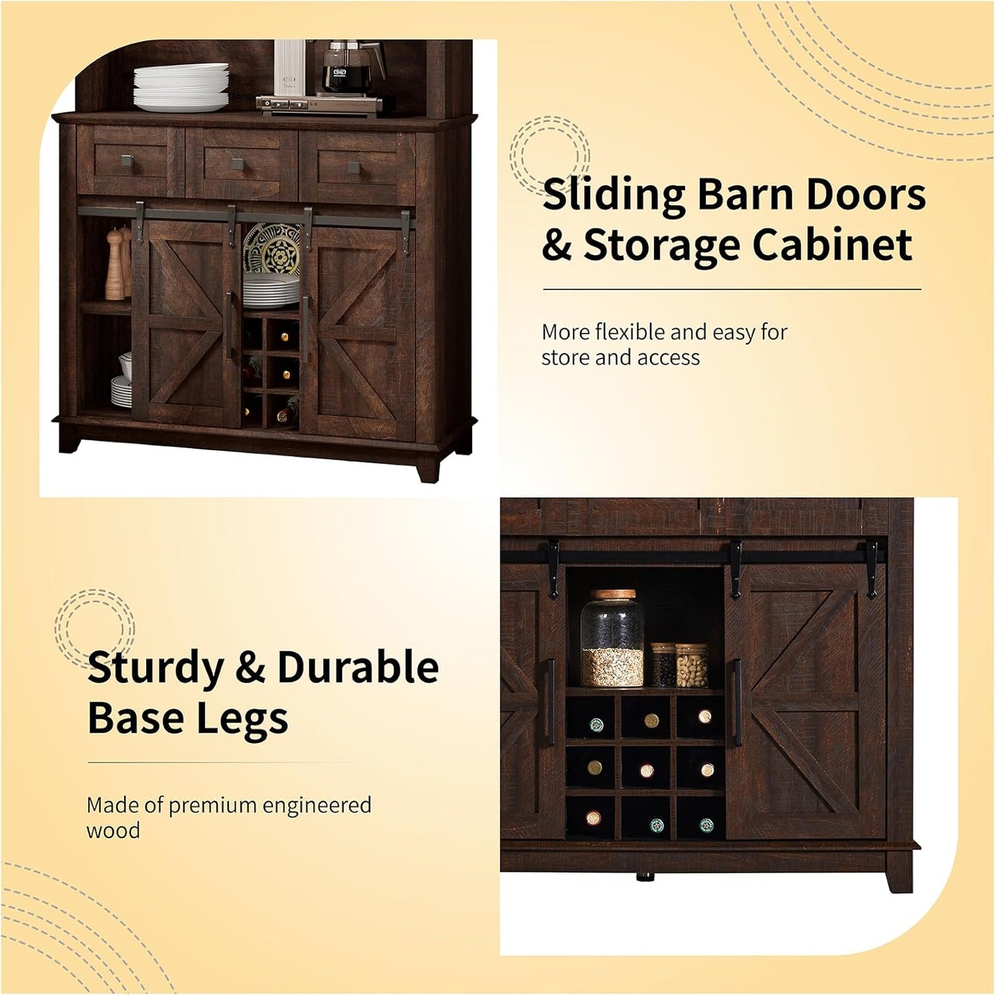 72" Coffee Bar Wine Cabinet with Sliding Barn Door & LED Lights, Sideboard Buffet Cabinet with Wine Bottle Rack, 3 Drawers, Storage Cabinets for Kitchen, Dining Room, Brown