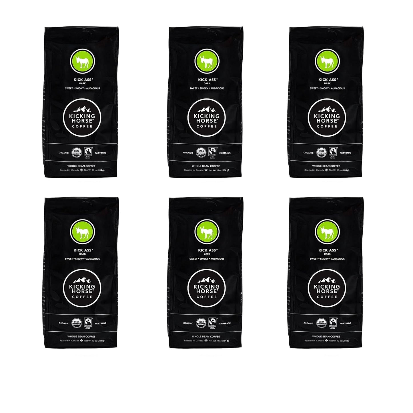 Kicking Horse Coffee, Kick Ass, Dark Roast, Whole Bean, 10 oz - Certified Organic, Fairtrade, Kosher Coffee (Pack of 6),10 Ounce (Pack of 6)