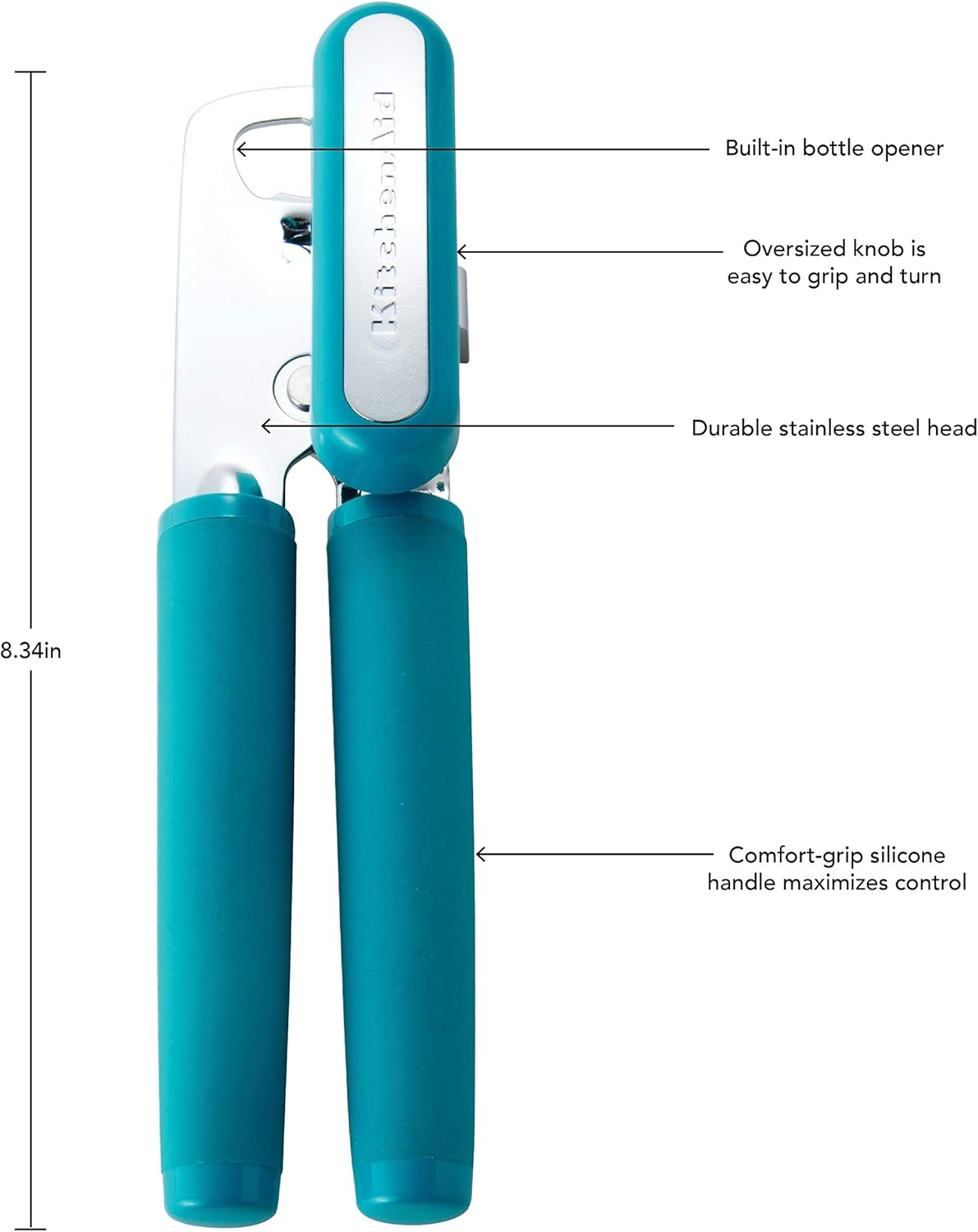 KitchenAid Classic Multifunction Can Opener and Bottle Opener Easy to Use, Razor Sharp Stainless Steel Cutting Wheel, Soft Ergonomic Handles, Ocean Drive