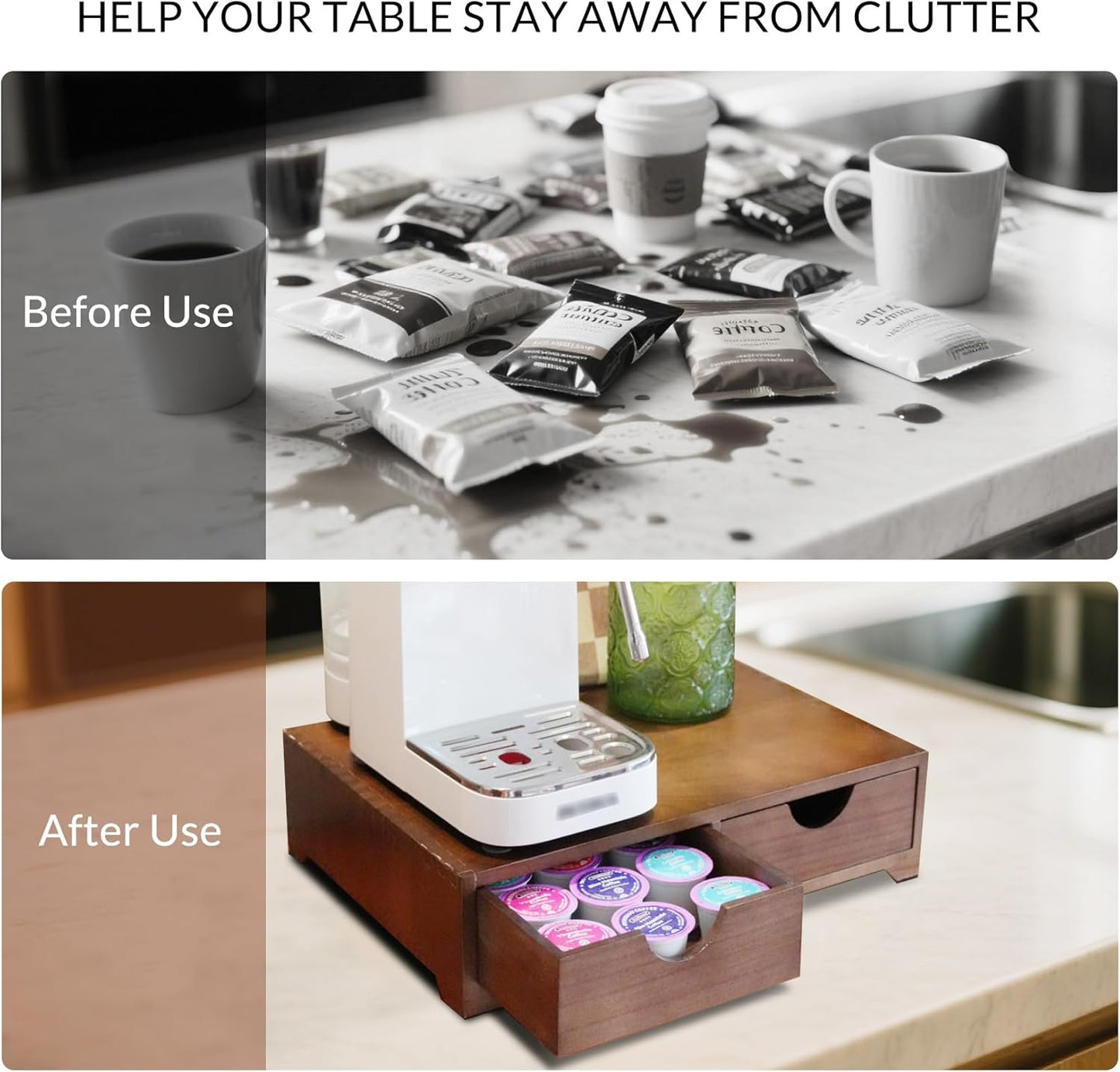 Wooden Coffee Pod Organizer with 4 Anti-Slip Feet, Elevated Coffee Pod Storage Box, Tea & Coffee Capsule Holder, 30 Pod Capacity with Drawer for Moisture Protection