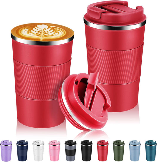Volhoply 13 oz Stainless Steel Insulated Travel Coffee Mug with Fip Lid Bulk 2 Pack,Reusable Double Wall Vacuum Metal Coffee Cup,Portable Leak Proof Thermal Tumbler for Hot & Cold Drinks(Red,2)
