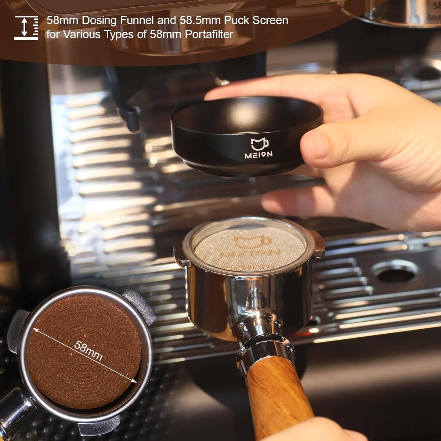 MEION 58mm Dosing Funnel, Magnetic Espresso Dosing Funnel Coffee Funnel Compatible with 58mm Portafilter, Espresso Tools Portafilter Funnel (58mm, Black)