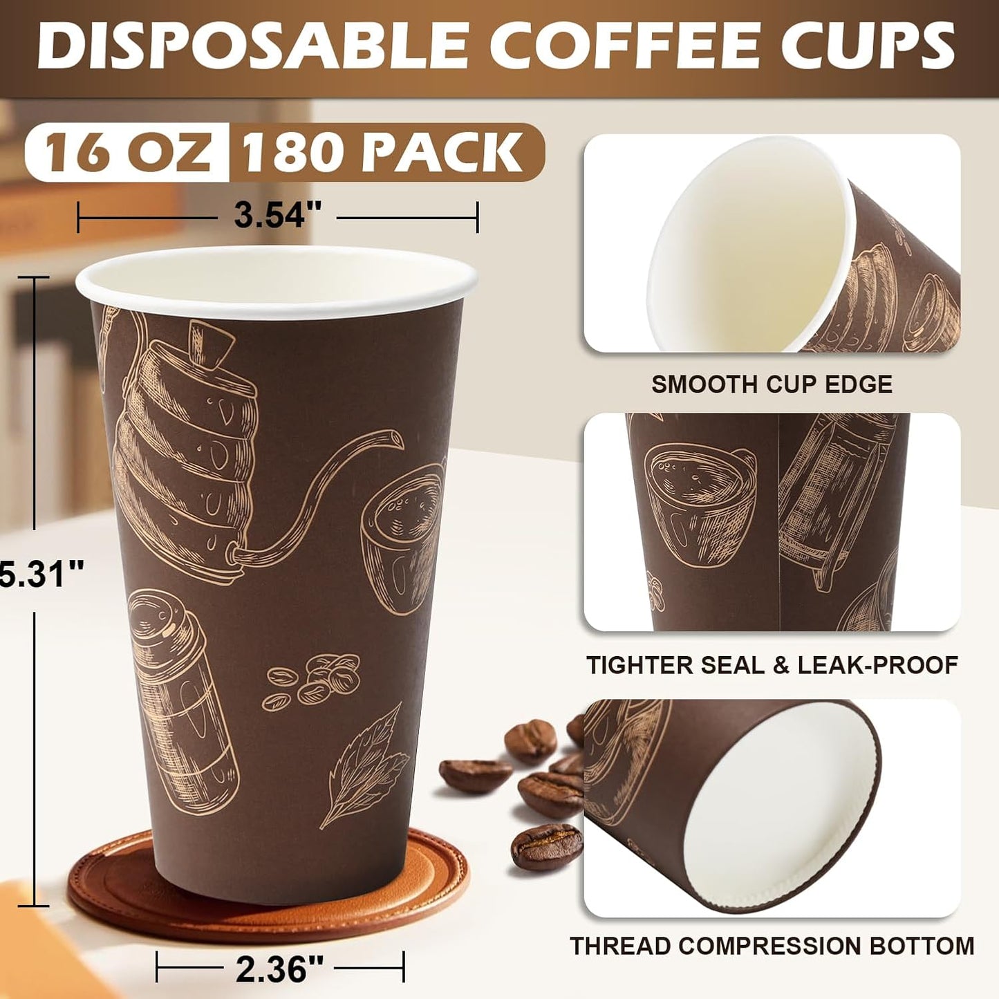 Paper Cups 16 oz 180 Pack, Disposable Coffee Cups, Dispoable Paper Drinking Cup for Coffee, Hot Cups for Party, Picnic, Travel, and Events