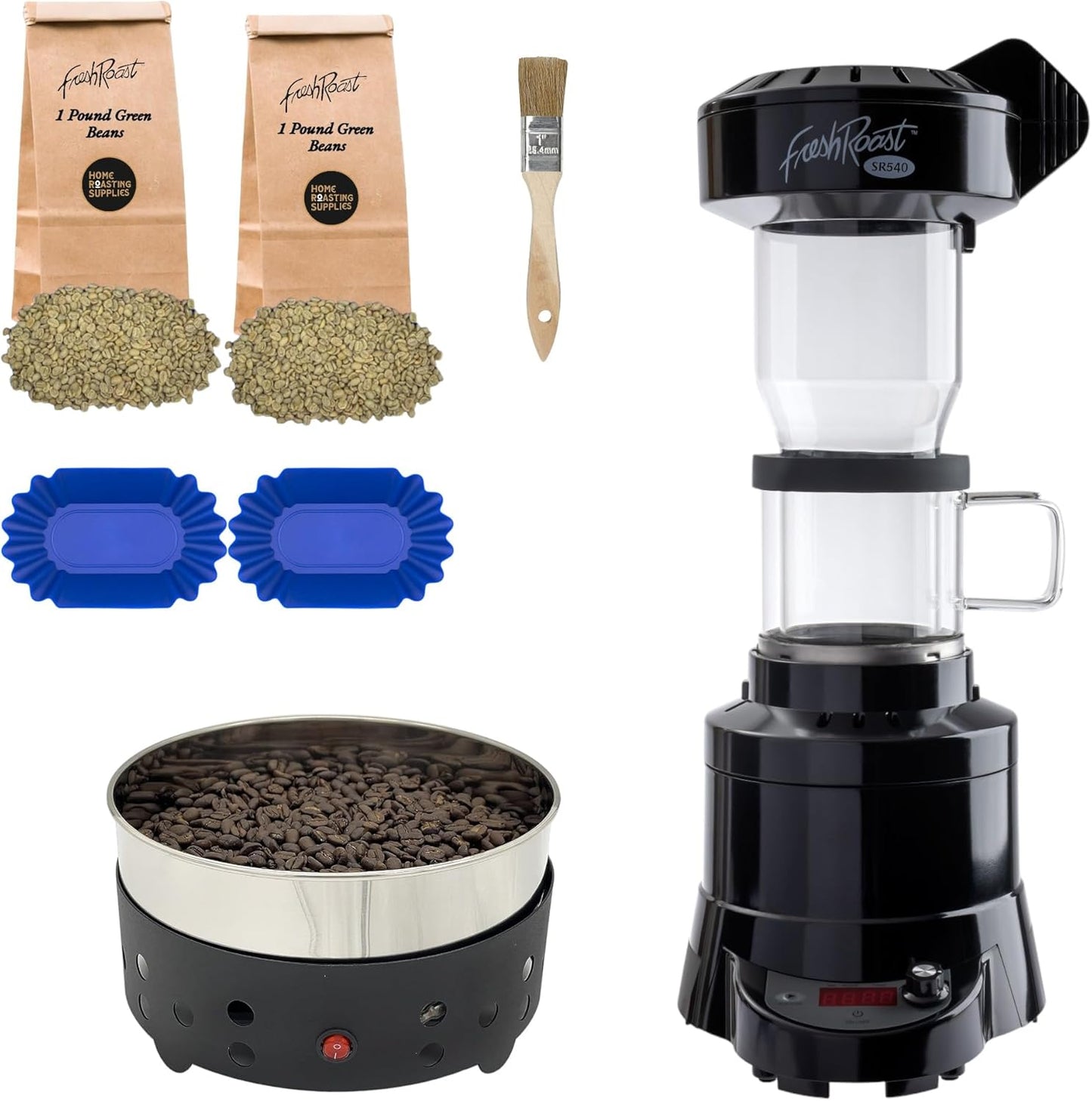 Fresh Roast Coffee Roaster Bundle SR540, Glass Extension Tube, Coffee Bean Cooler, (2 Lbs) 2 Sample Packs of Green Beans, (2- pack) Sample trays