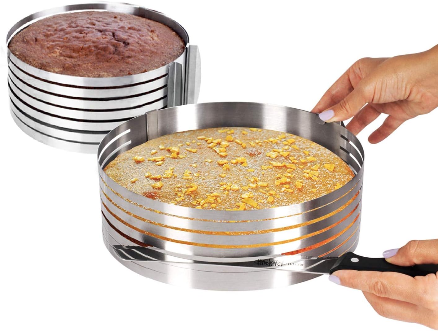 NEWLINE NY Stainless Steel Mousse Cake Rings 2 Pieces Cakes Slicer Adjustable Multilayer Circular Molding Plating Forming Round Pastry Rings, Set of 2 (10 to 12” + 6 to 8” x 3.2” H)