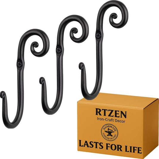 RTZEN Wall Mount Hook Set - Wrought Iron Decorative Rustic Metal Coat Hooks for Hanging - Handcrafted Classic Farmhouse Wall Mounted Black Hooks for Towel Robe or Hat Hanging - 3 Pack