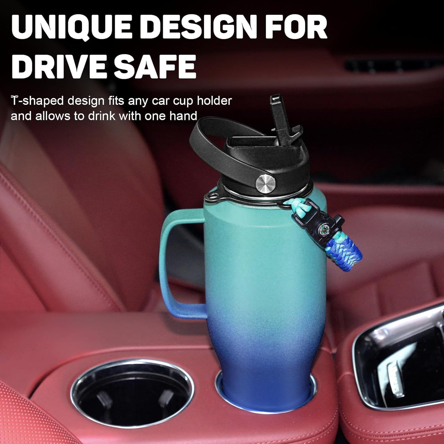 Water Bottle 40oz, Insulated Water Bottle with Handle & Straw Lids, Stainless Steel Water Bottle Fits in Any Car Cup Holder, Travel Cup Double Wall BPA-Free Leak-proof to Keep Cold &Hot