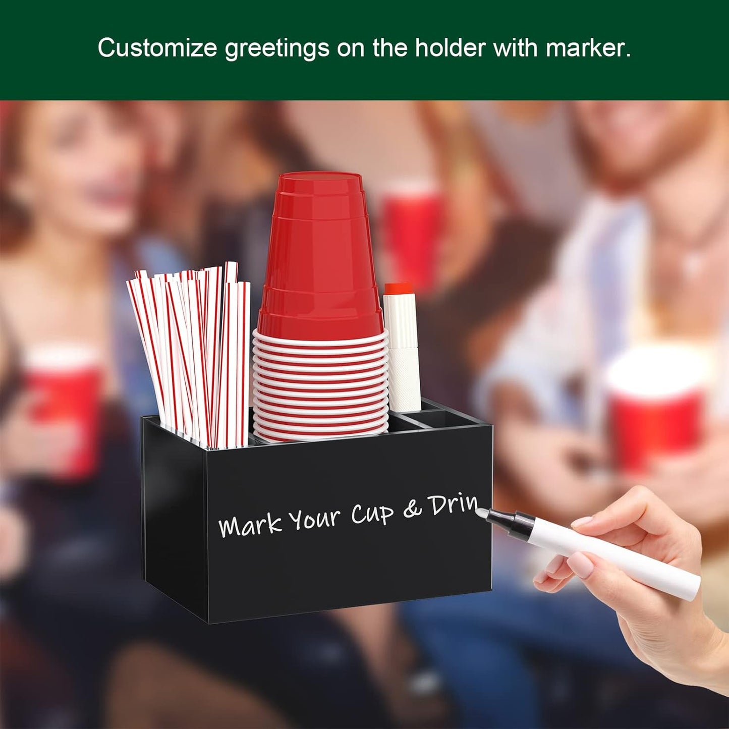 Cup Holder With Marker Slot, Party Dispenser Acrylic Organizer, Mark Your Drink Caddy, Modern Bar Counter Decor, Black