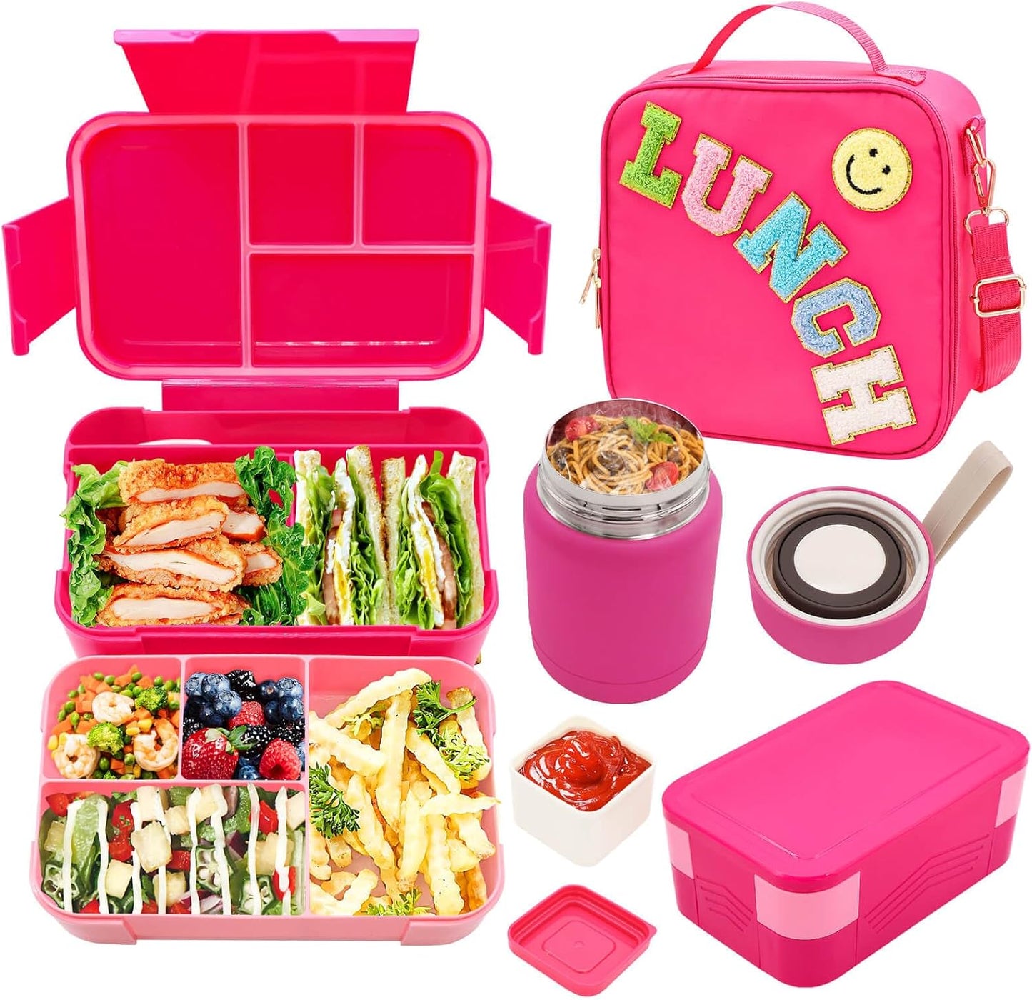 Bento Lunch Box Set for Kids with 10oz Thermo Food Jar, Leak-Proof Lunch Containers with 6 Compartment, Nylon Preppy Lunch Bag with Adjustable Strap for Girls School Travel Picnic
