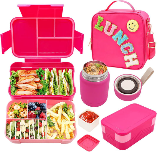 Bento Lunch Box Set for Kids with 10oz Thermo Food Jar, Leak-Proof Lunch Containers with 6 Compartment, Nylon Preppy Lunch Bag with Adjustable Strap for Girls School Travel Picnic